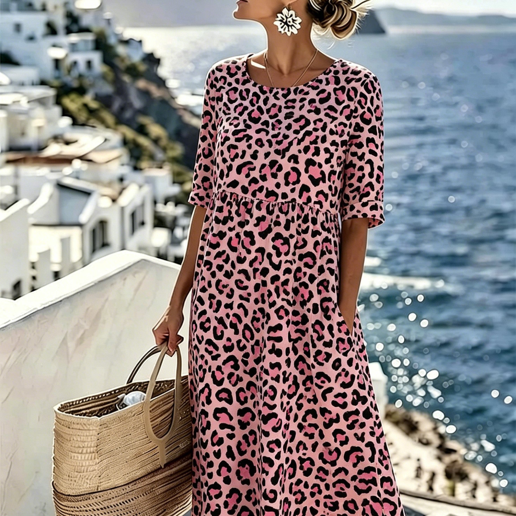 Image of Plus Size - New Arrival Plus Size Round Neck Dress Round Neck Spliced With Point Sleeve Pink Base Black Pink Leopard Print No Pockets Daily Casual Wear