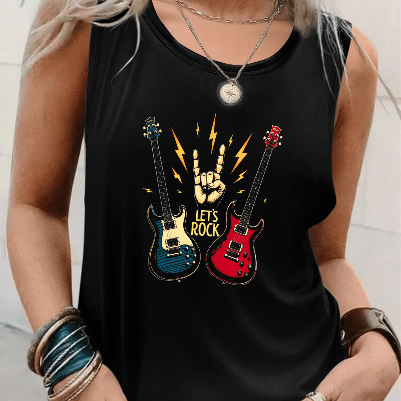 TEMU Women's T-shirt In A Casual Rock Style Featuring Guitar And Lightning Design, Perfect For Summer Music Festivals - A Great Gift For Music