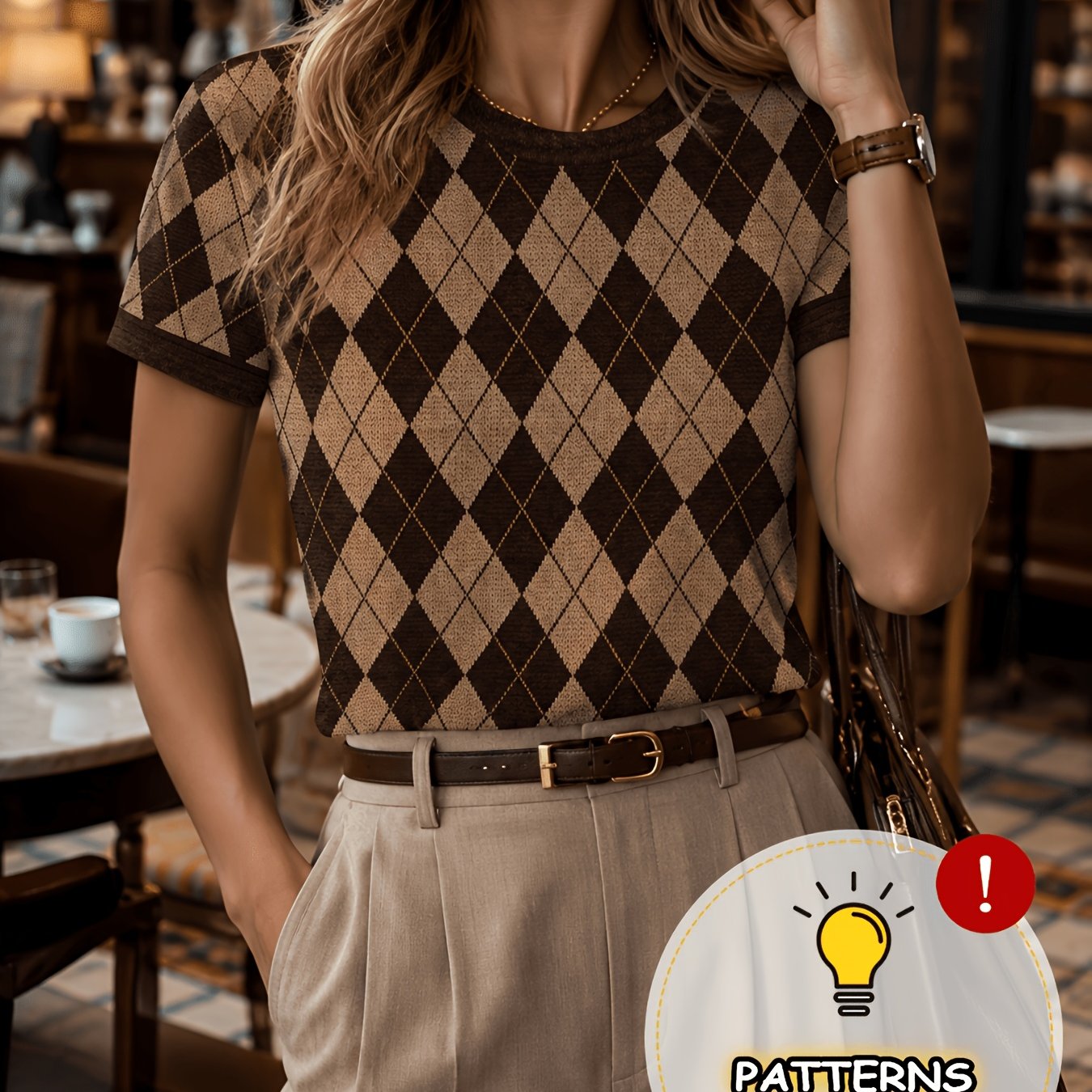 TEMU Women's Brown Diamond-quilted Crew-neck Short-sleeve T-shirt | Retro Geometric , Loose-fitting Casual Top | And Versatile, Perfect For Fall