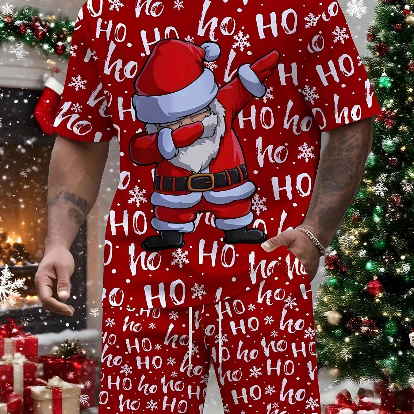 TEMU 1 Set Of 2pcs, New Santa Claus Print Men's Casual Fashion Round-neck Set, Summer Clothing, , Printed Design, Fashionable Apparel, Durable