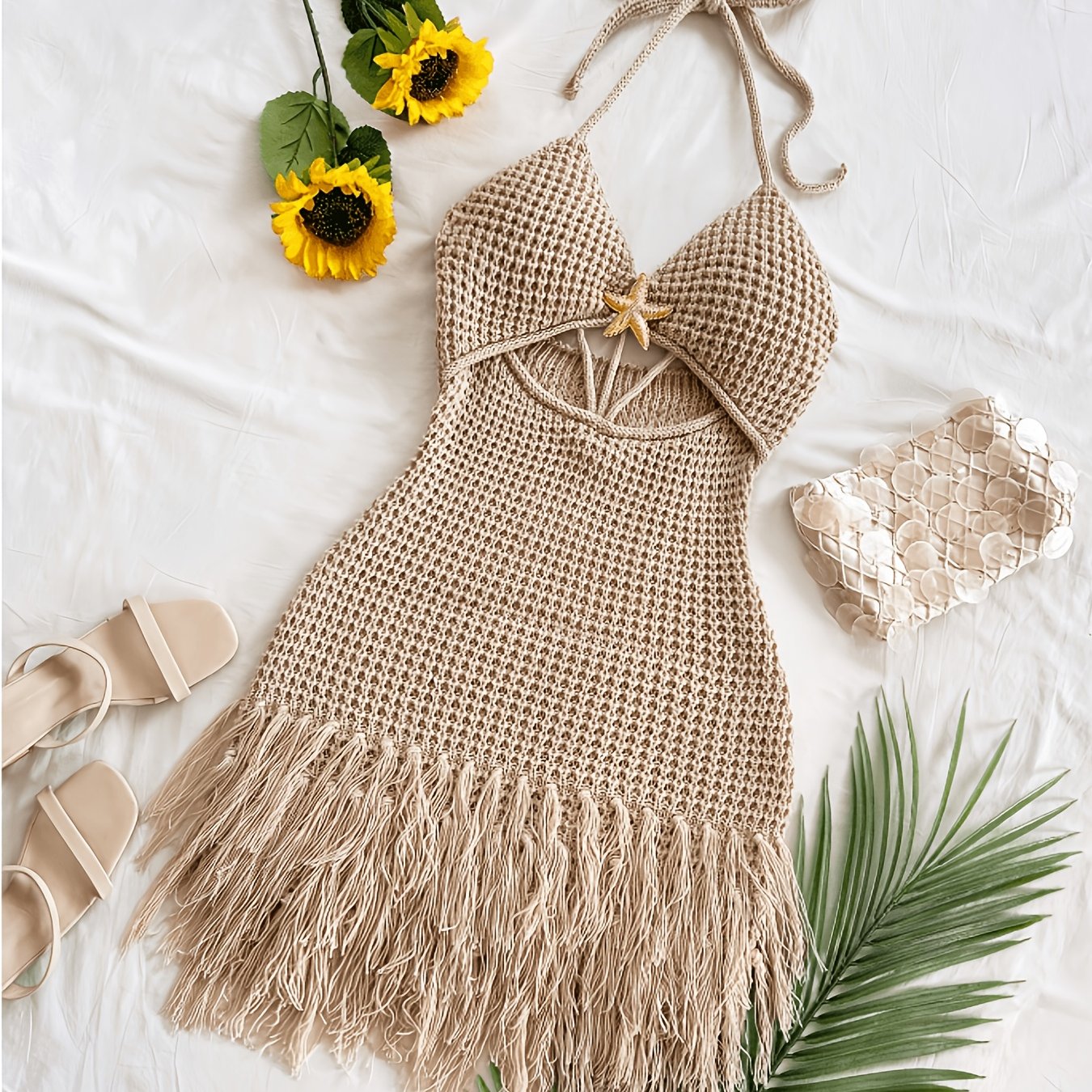 Women' Italian-inspired Spaghetti Strap V-neck Cut-out Metal Starfish Fringe Dress