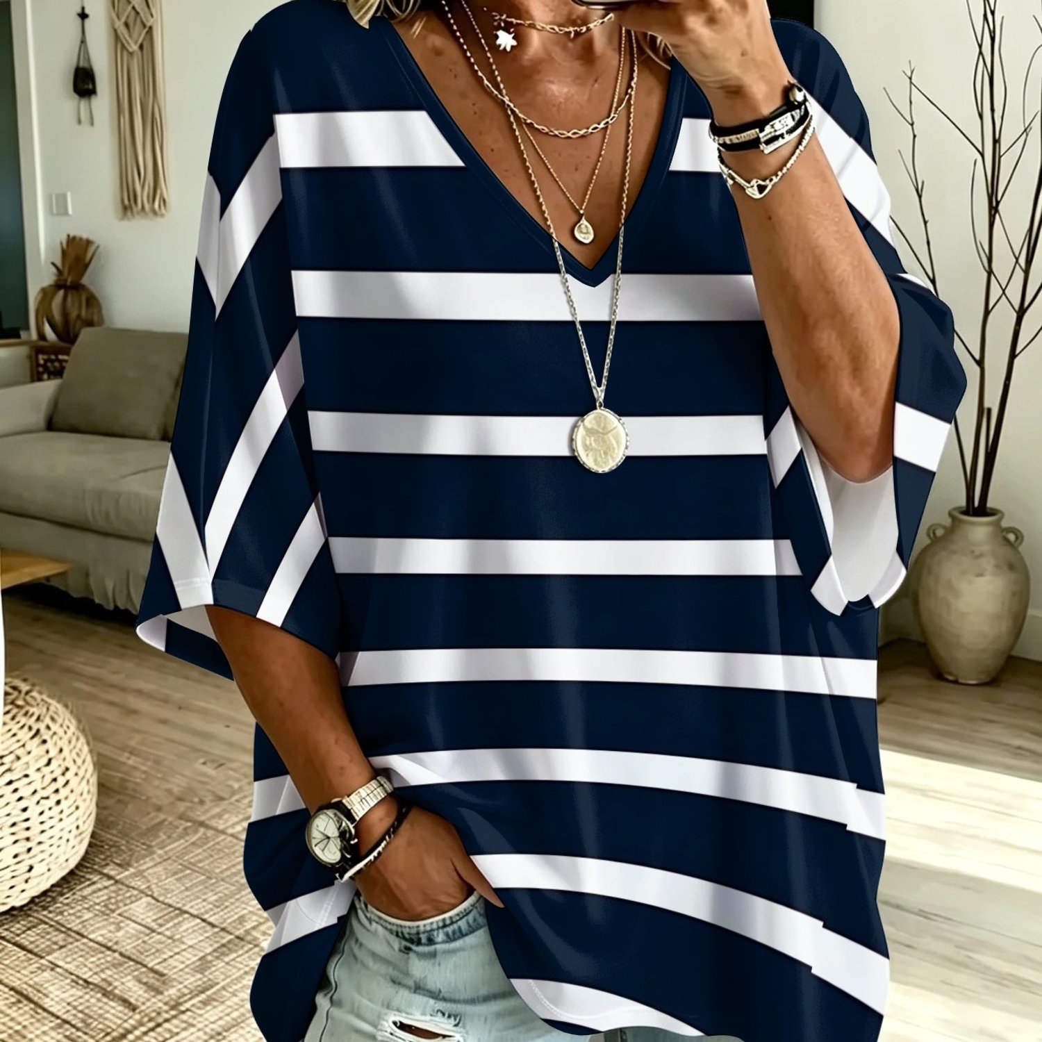 TEMU Plus Size Women's T-shirt, Oversized T-shirt, Striped Printed Top, Casual Daily Wear, [printed Design - No Texture]