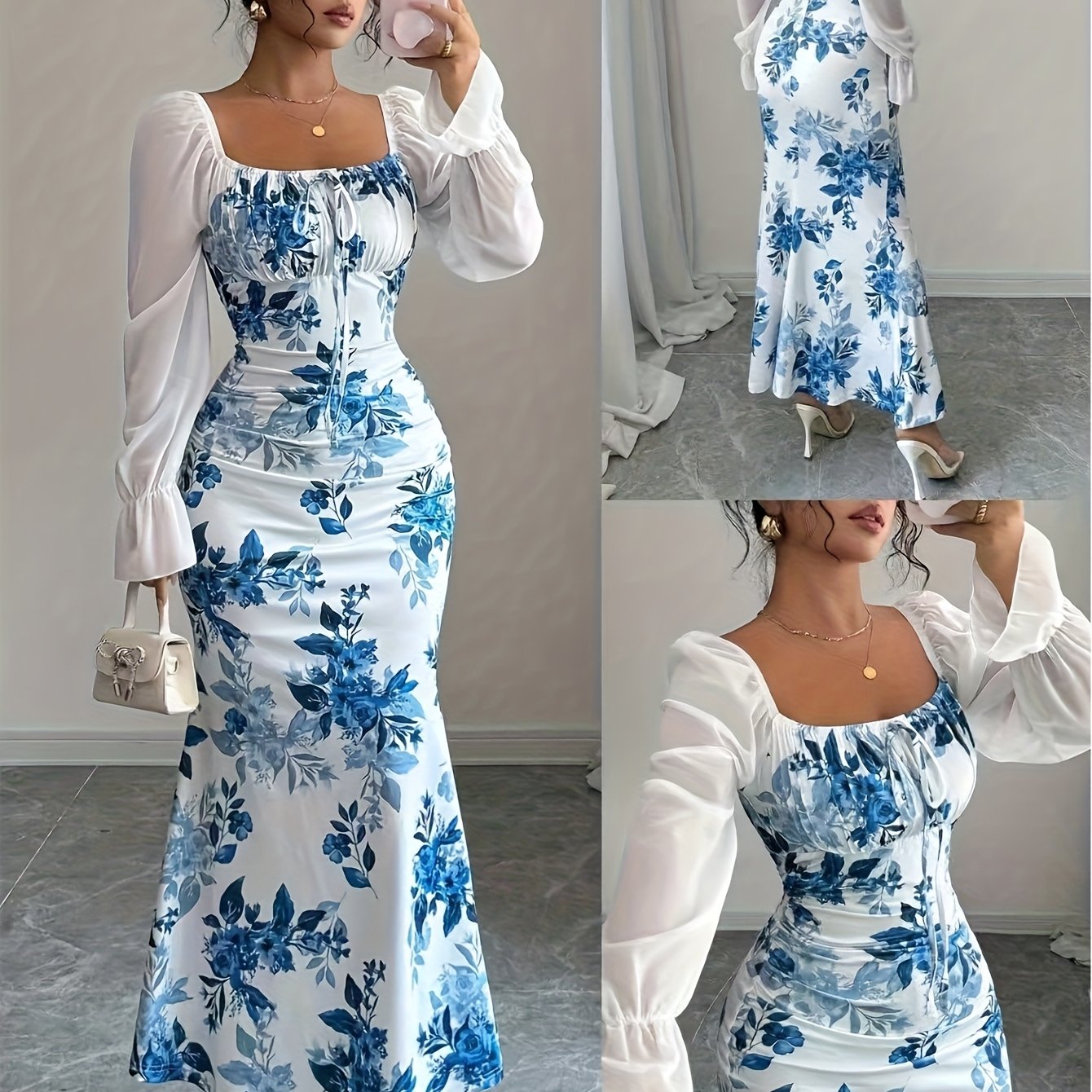 TEMU Women's Elegant Floral -block Chiffon Long Sleeve Casual Dress Puff Sleeve Square Neck Beach Vacation