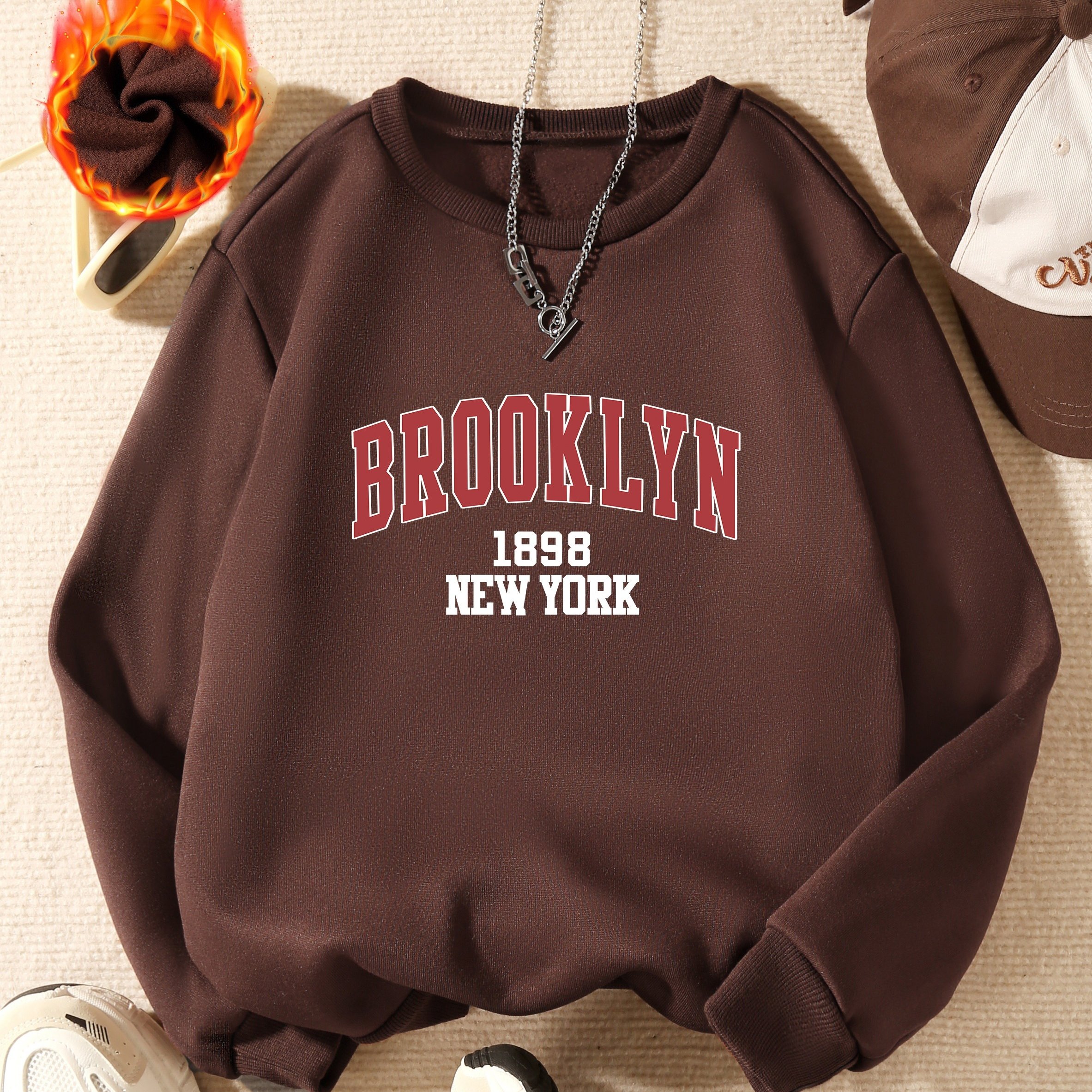 Girls Brooklyn 1898 New York Print Sweatshirt Solid Pullover - Temu