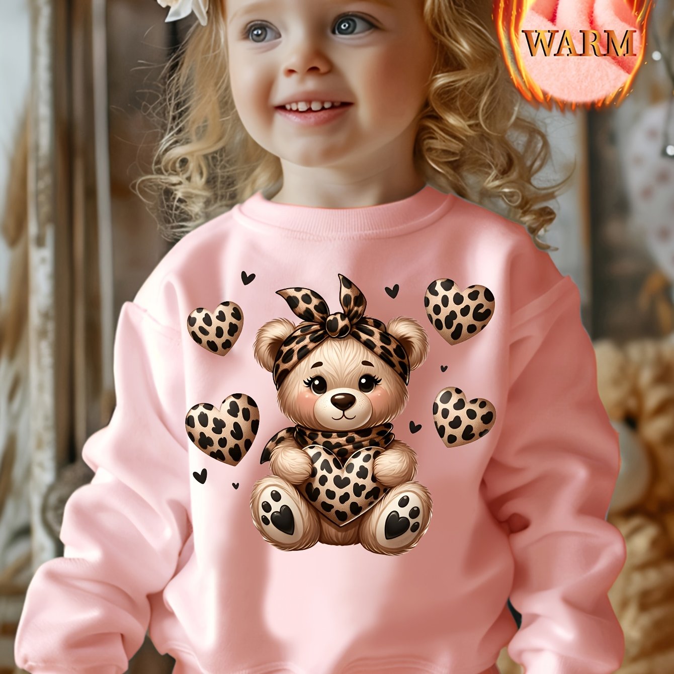 Girls' Autumn/ -lined Sweatshirt With Cute Bear Print, Casual Long-sleeve Pullover