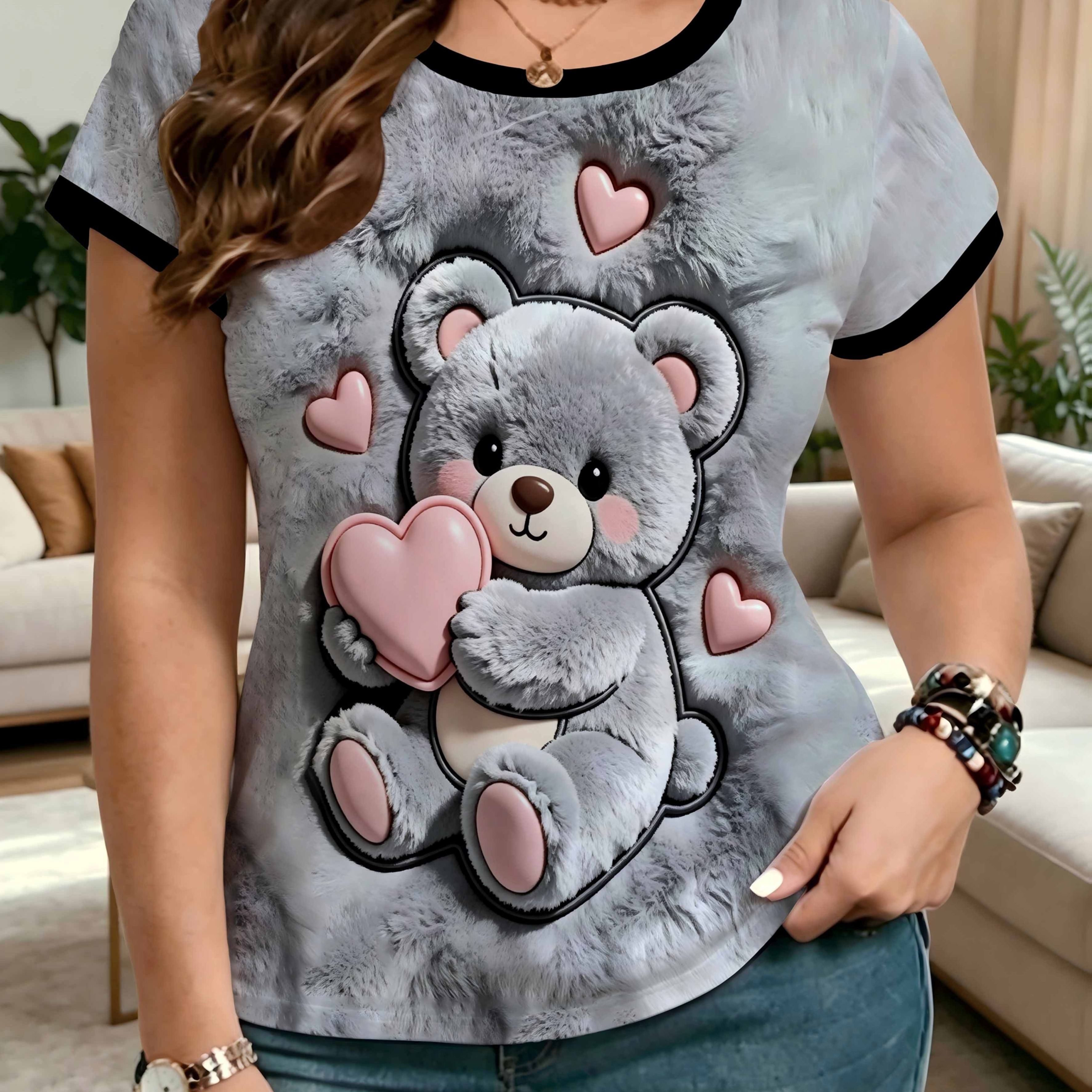 TEMU New Women's Flat Print Short-sleeve T-shirt, Summer Black-trimmed Round Neck Short-sleeve T-shirt, Printed Plush Gray Bear Hugging A Heart