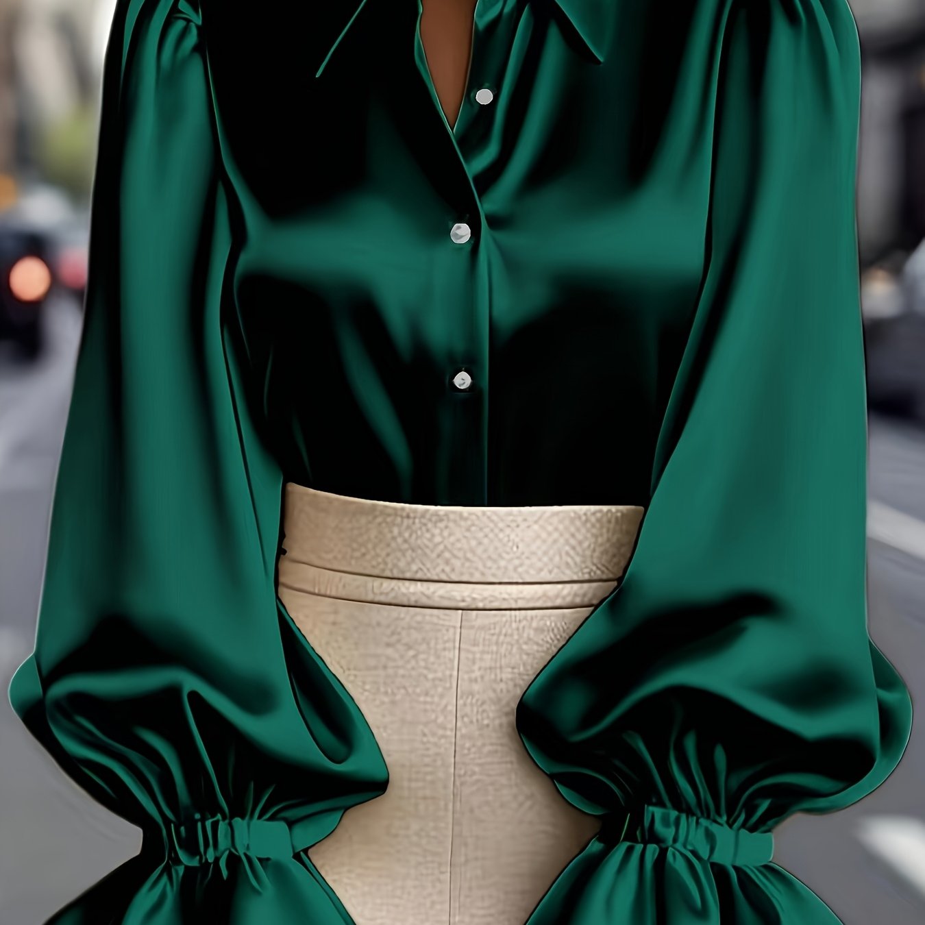 TEMU Plus Size, New Plus Size Women's Elegant Satin Chiffon Bubble Lantern Sleeve Shirt