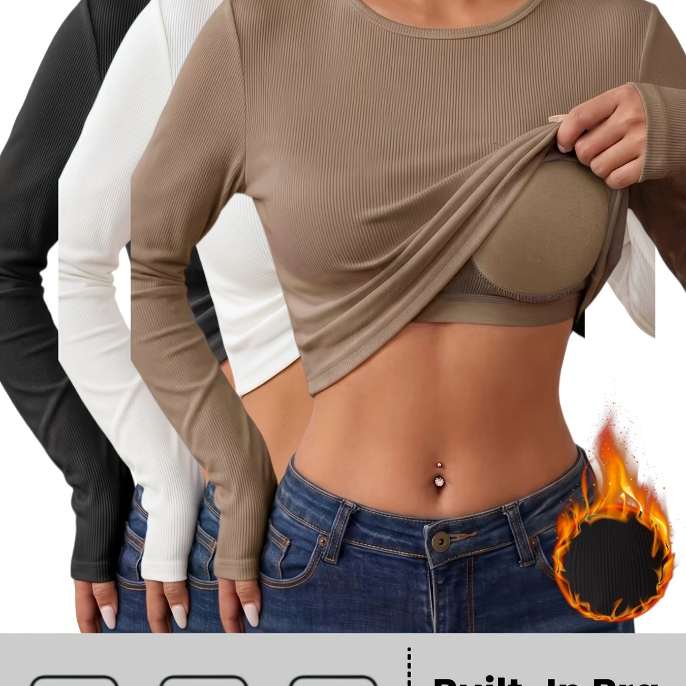 TEMU 3-teiliges Damen Rippstrick Langarm T-Shirt Set mit eingebauter, nicht herausnehmbaren Polsterung, atmungsaktiver Basic Base Layer für Büro,