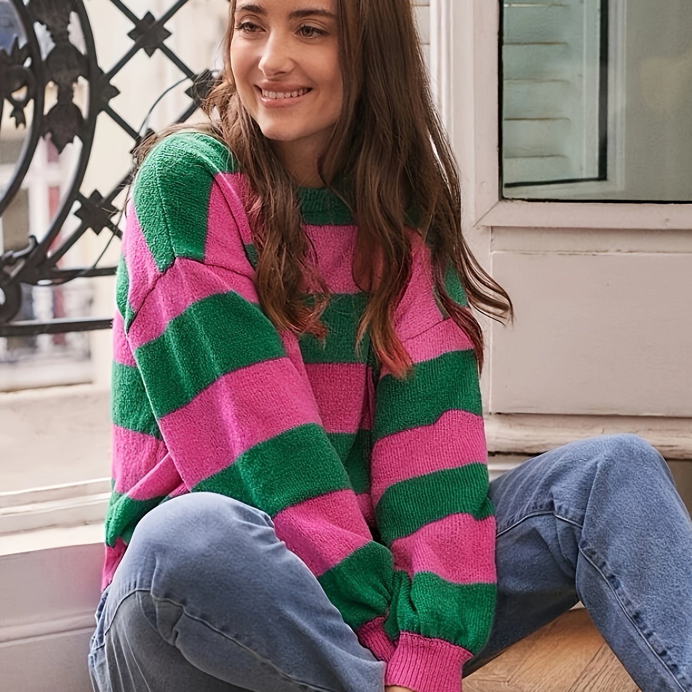 E-shop 2026 Damen Western Style Breitgestreifter Lockerer Pullover, Lazy Style Weicher Langarm Rundhals Top, Pink Grün Kontrastgestreifter Rundhals