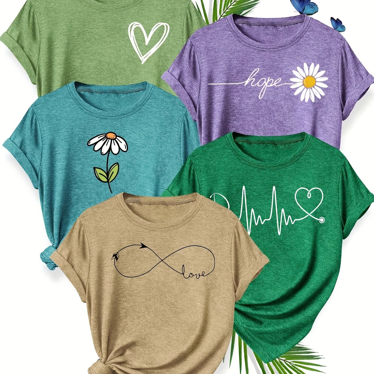 TEMU 5pcs Set Of Simple And Clear Line Floral Heart Pattern Printed Fashion Vintage Style Women's Summer Casual Sporty Round Neck Short Sleeve