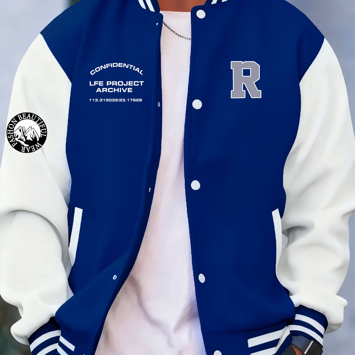 TEMU Spring And Autumn Men's Fashionable Baseball Jacket Button Coat, Creative "r" Letter Print Regular Fit Stand Collar Color Block Pocket Single