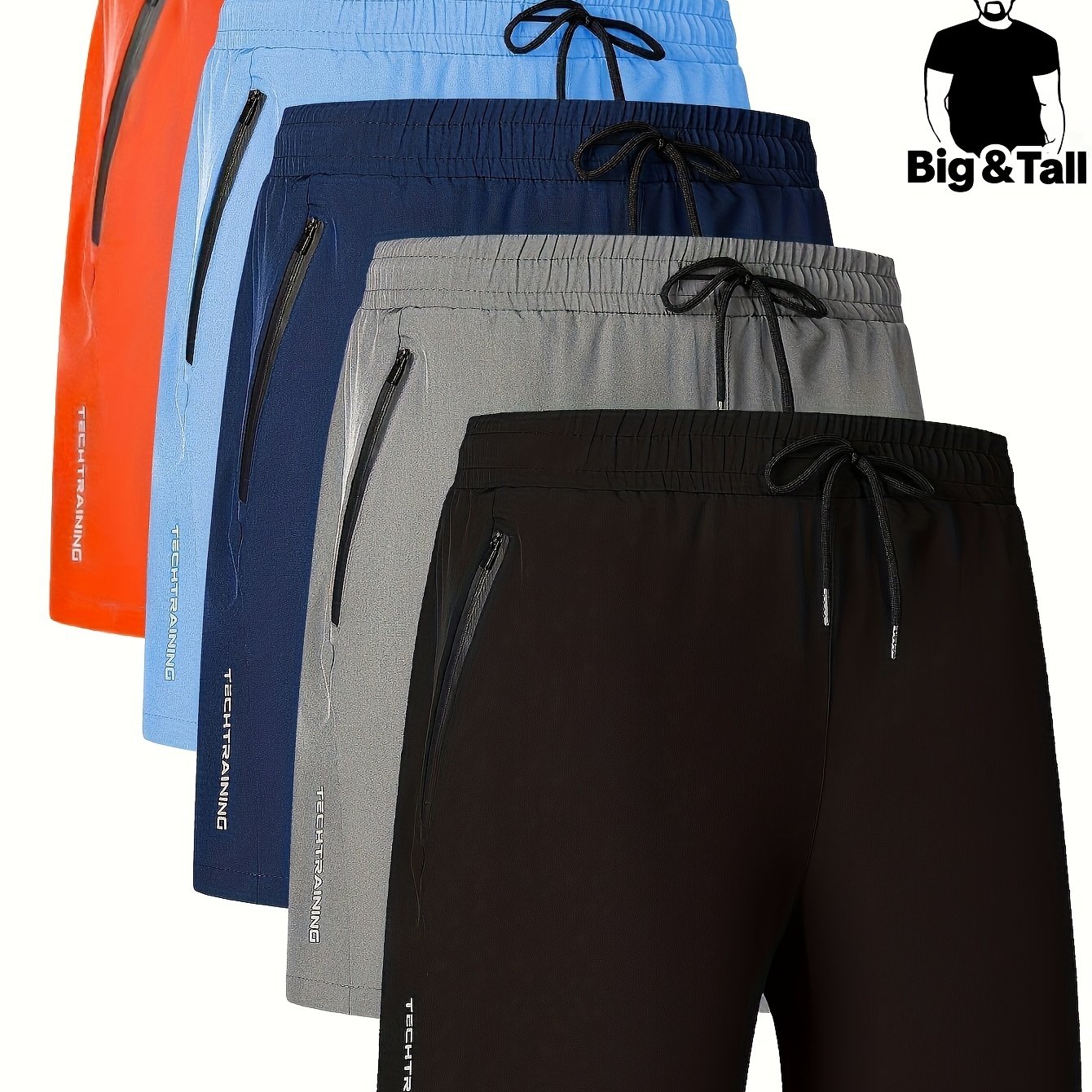 5pcs Men&#39;s Plus Size Athletic Shorts - Quick-Dry, Breathable Polyester with Zipper Pockets, Stretchy Fit for Running, Training, Biking &amp; Hiking, PLUS SIZE