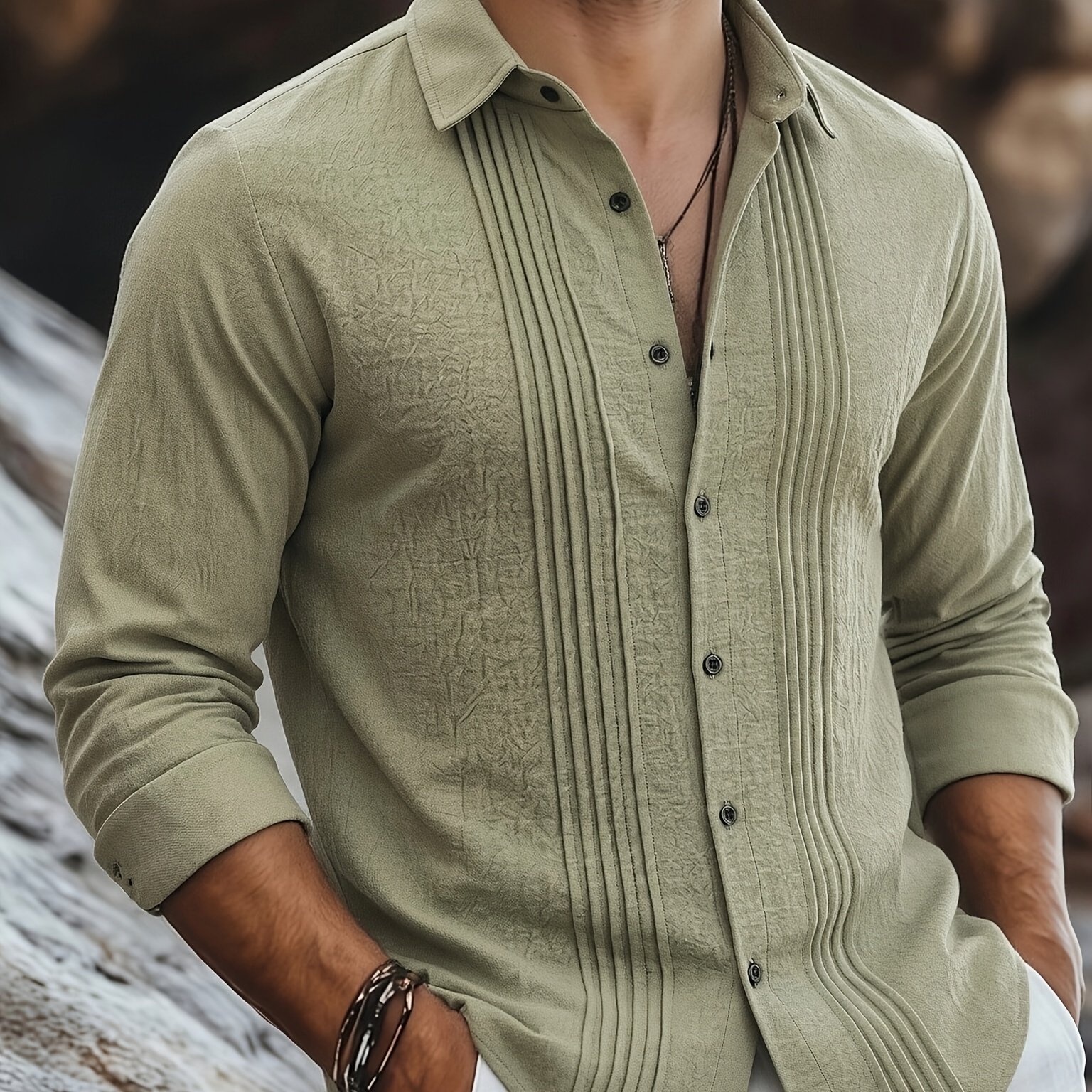 TEMU Men's Linen Guayabera Shirt With Lapel Collar & Button Front Panel - Accordion Chest Texture, Long Sleeve Button-front Closure Suitable For