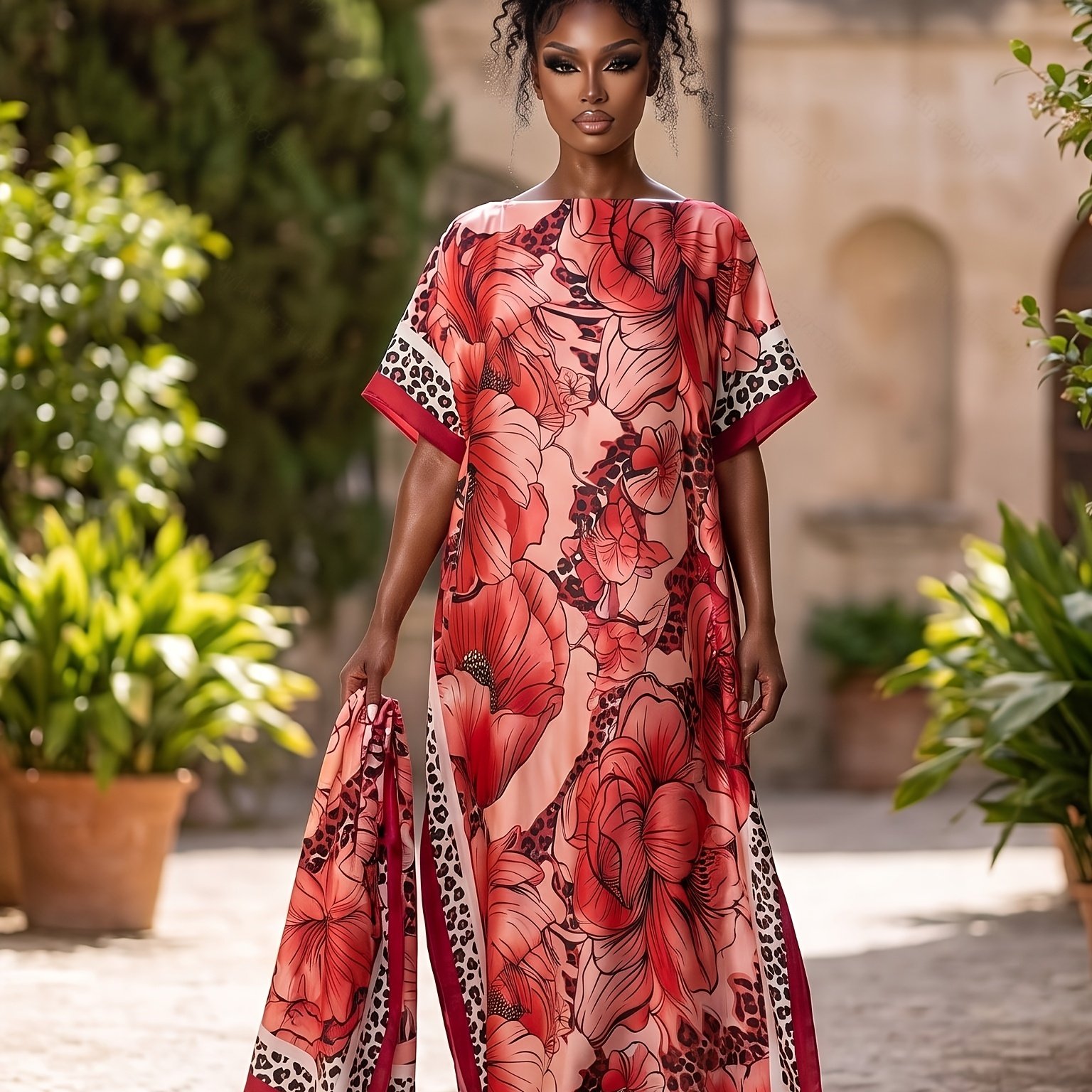 TEMU Plus Size, Women's Plus Size Long Dress Gown With Headscarf, Rose Print, Bright Colors, Side Slit, Batwing Sleeves, Non-stretch Fabric, Suitable