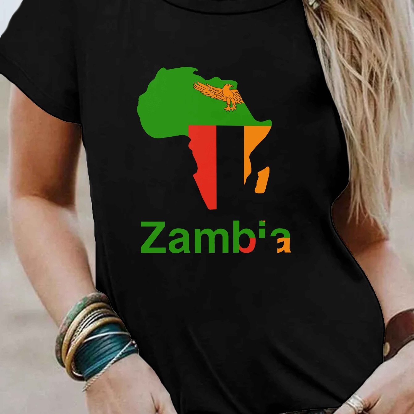 TEMU Africa Country Zambia Print T-shirt, Short Sleeve Crew Neck Casual Top For Summer & Spring, Women's Clothing