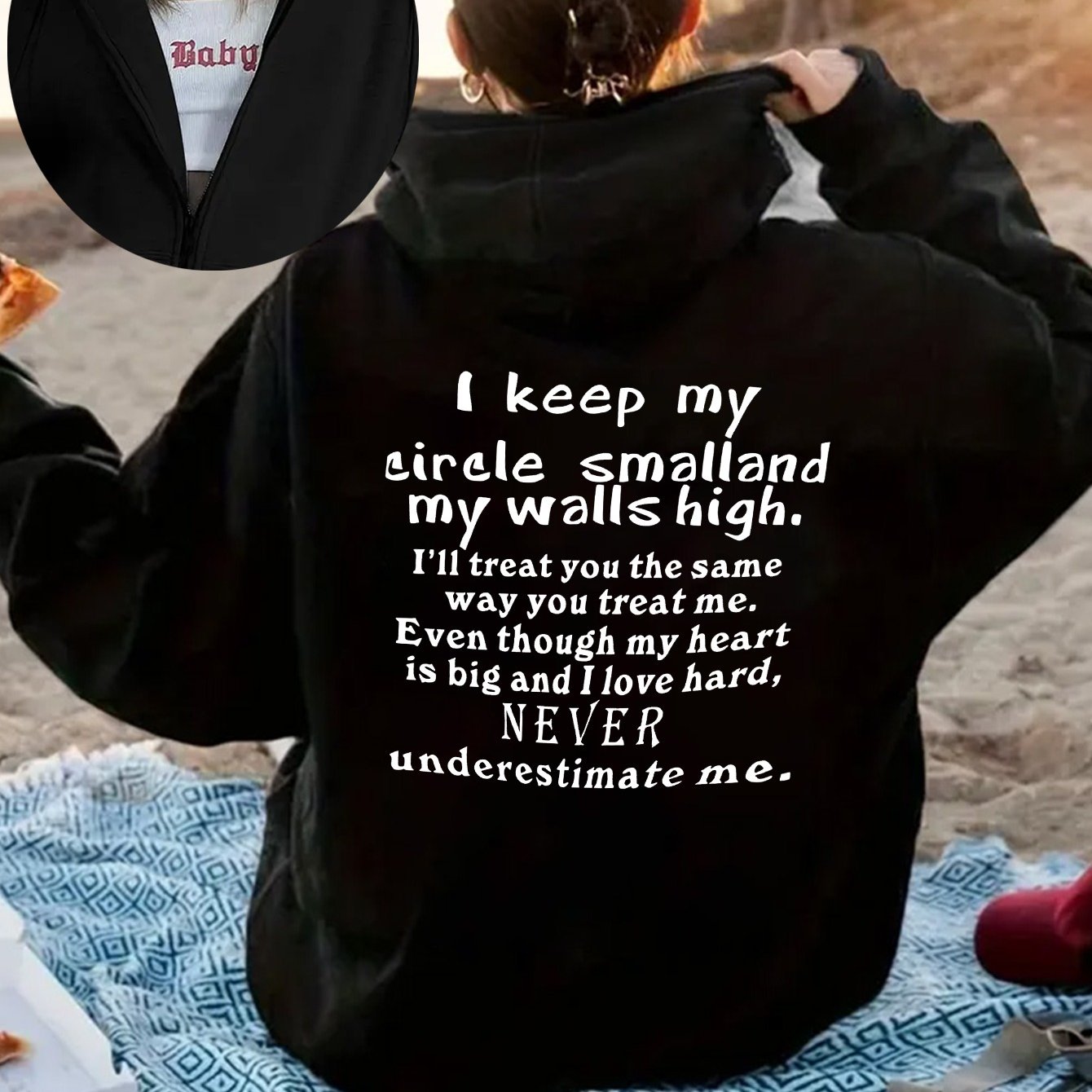 TEMU Keep Small Circles Women's Stylish Casual Sports Hoodie, Zipper Design, Back Print