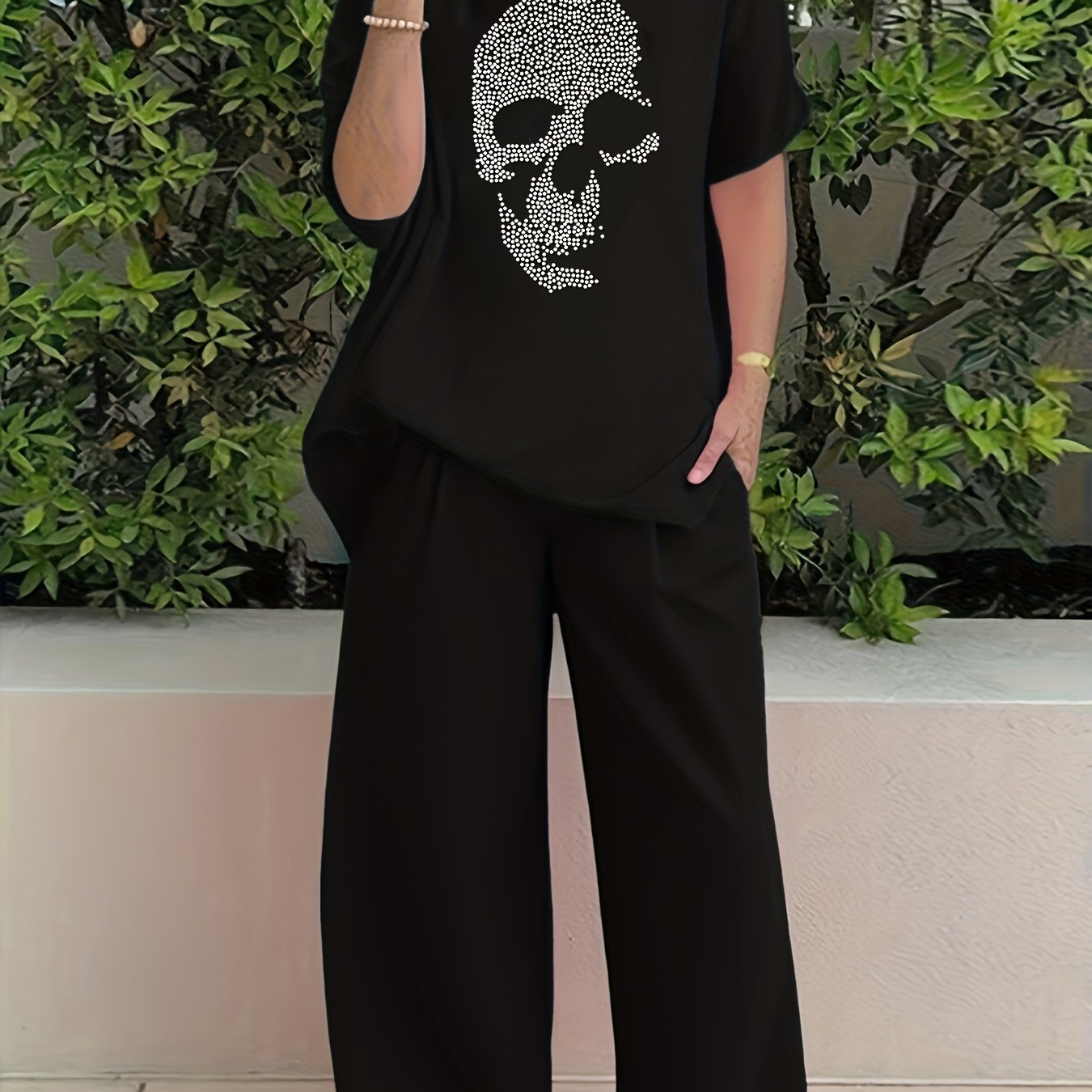 Image of Plus Size - Plus Size - Ladies' Autumn Winter Casual Suit, Skull Head Hot Drilling, Loose Pants With Pockets Suitable For Going Out And Home