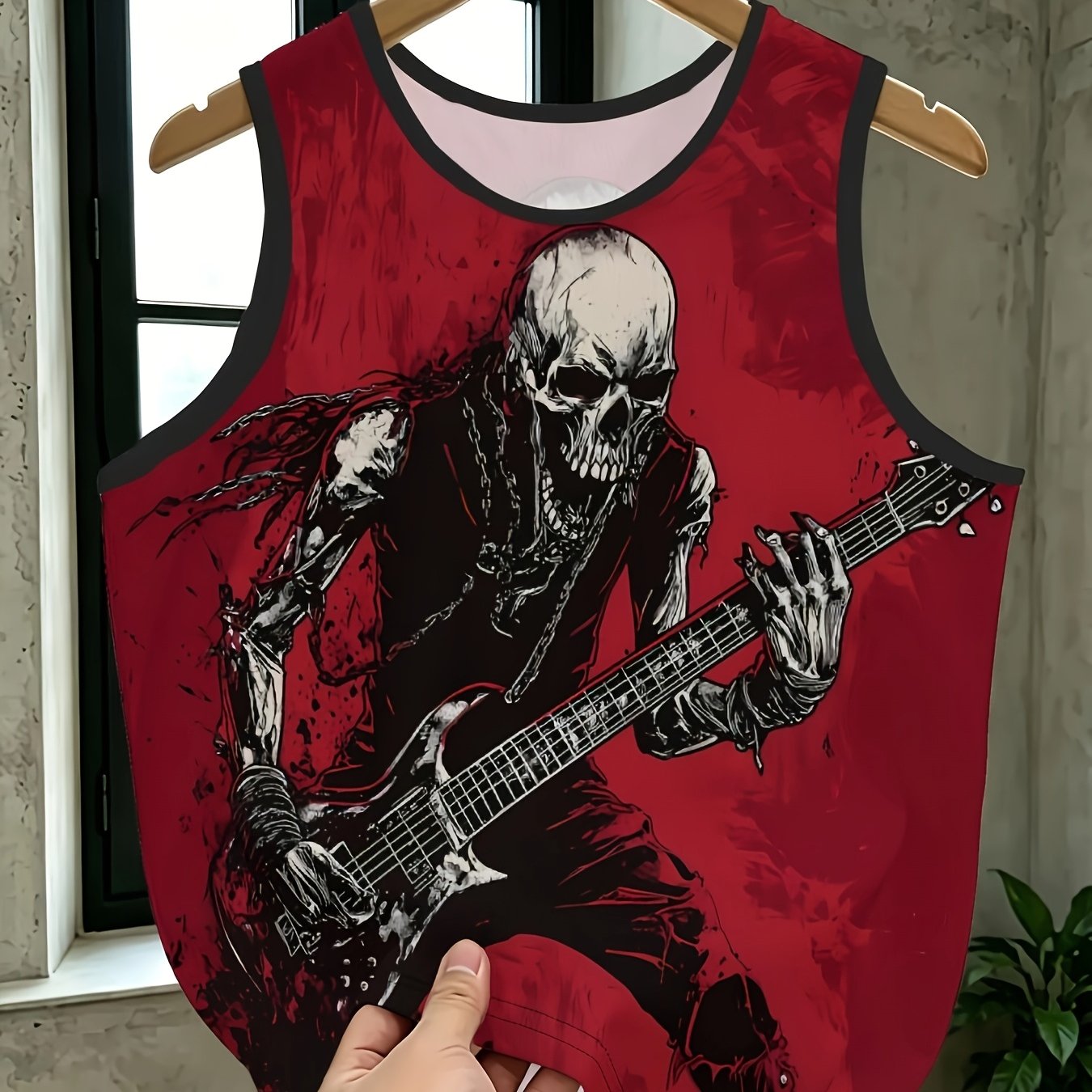 TEMU 1pc Chaleco de Malla Transpirable para Hombre con Estampado Digital de Esqueleto de Guitarra Rock, Versátil y Agradable al