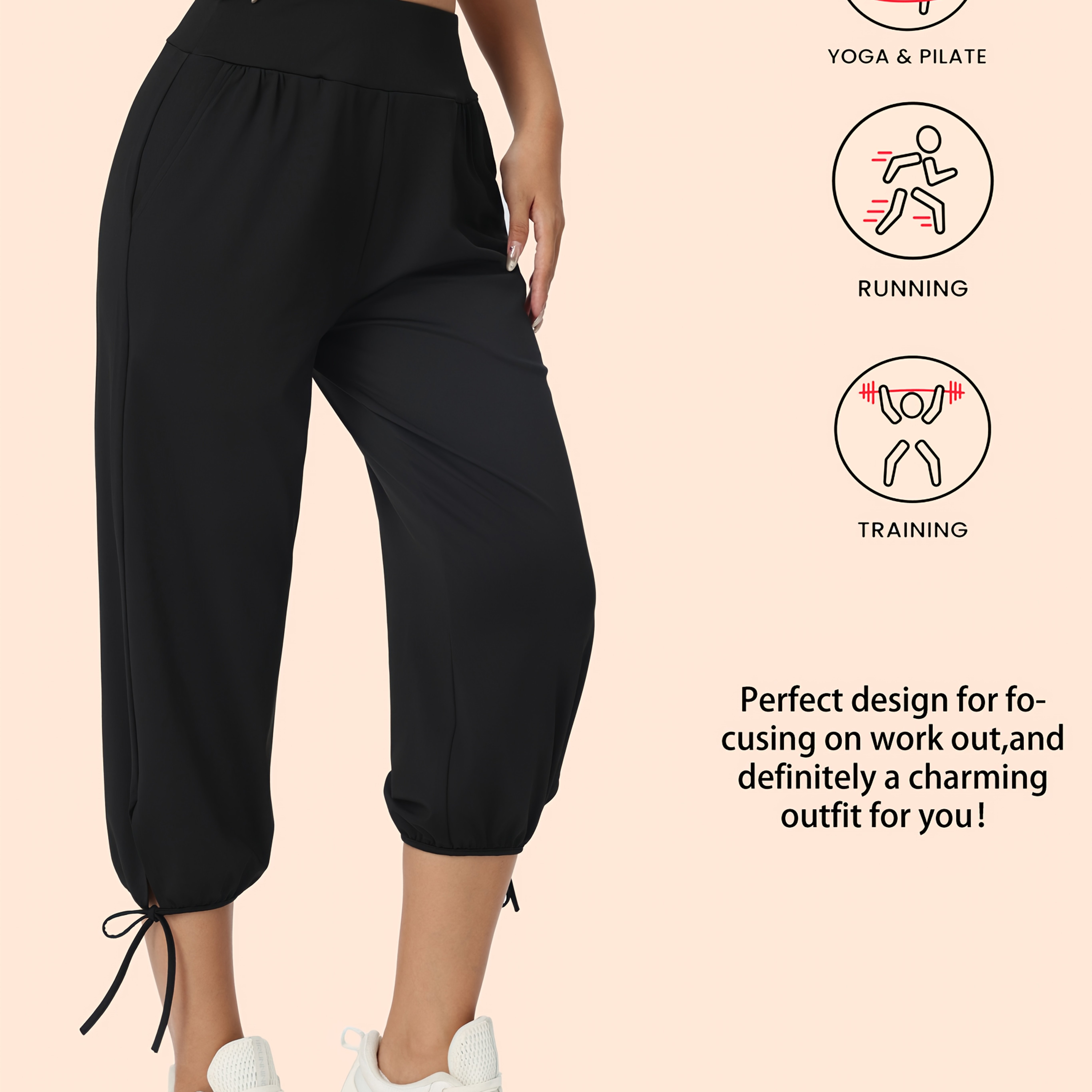TEMU Women's High Waisted Wide Band Yoga Capri Pants - Adjustable Drawstring & Side Pockets Stretchy Workout Leggings For Running, Gym & Casual Wear