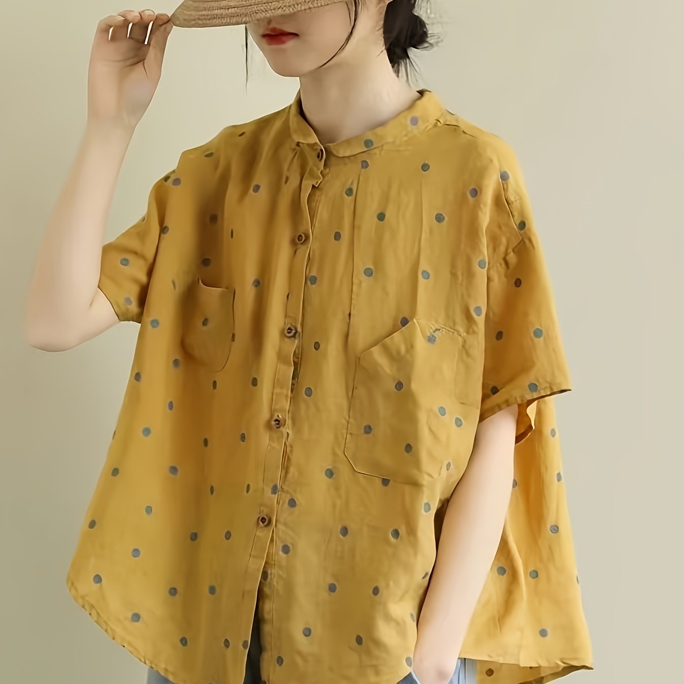 TEMU 【新作】夏のポルカドット柄シャツ、ルーズな文学風半袖、万能カジュアルで若々しいトップス