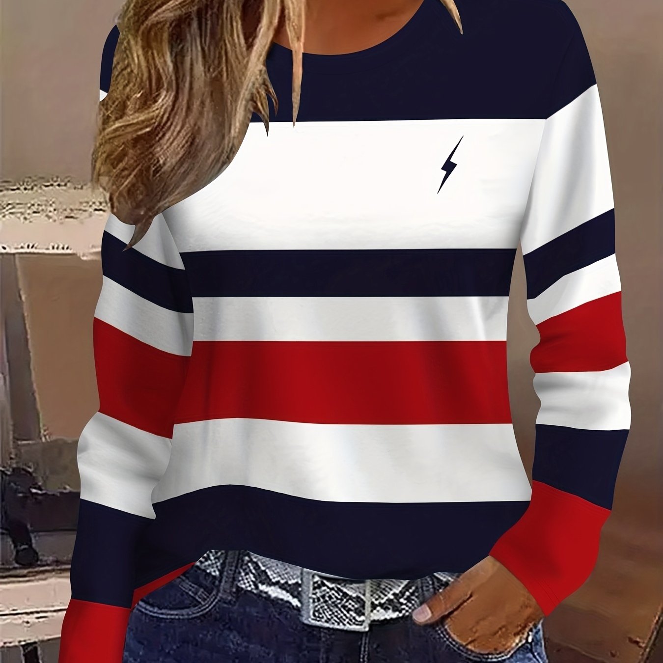 TEMU Printed Design - Not Textured, Fashionable And Elegant Casual Vacation Abstract Painting Color- Striped Lightning Graphic Full Print Round Neck