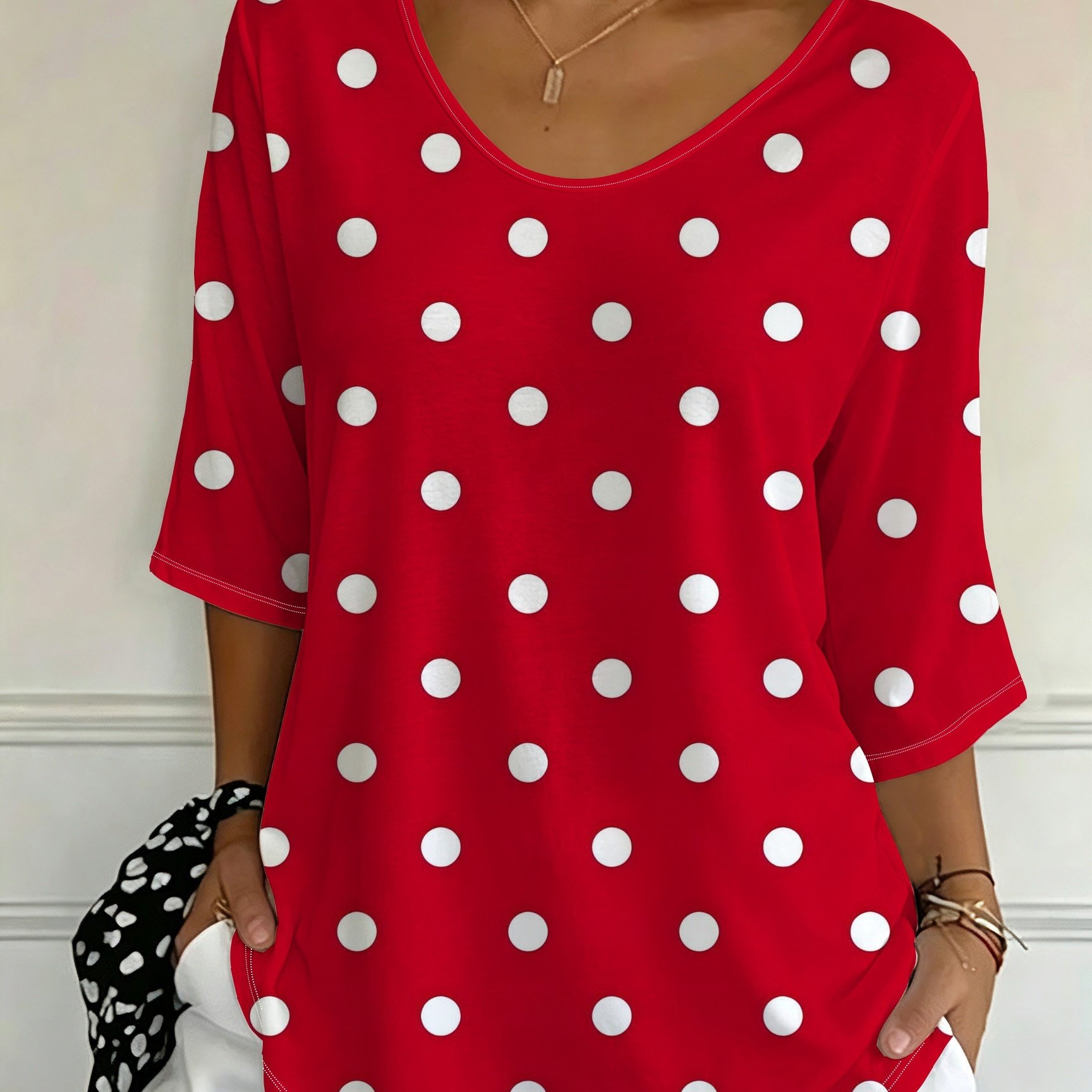 TEMU Plus Size Women's Red Polka Dot White T-shirt With Medium Sleeves, Vintage , And Loose-fitting Top