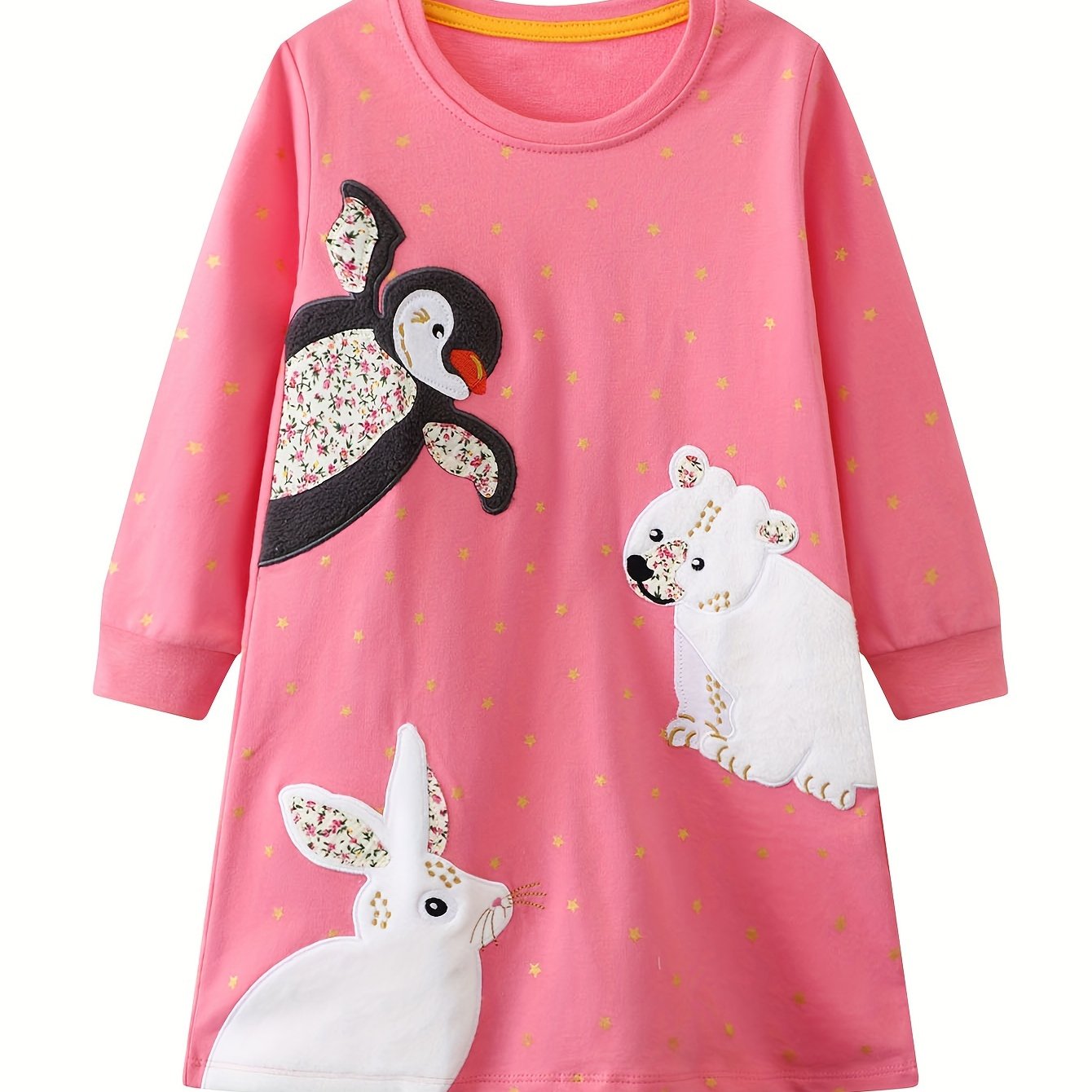 Image of Spring/autumn ' Long Sleeve Dress, Pink Cartoon Penguin Polar Bear Rabbit Embroidery Soft Casual Dress