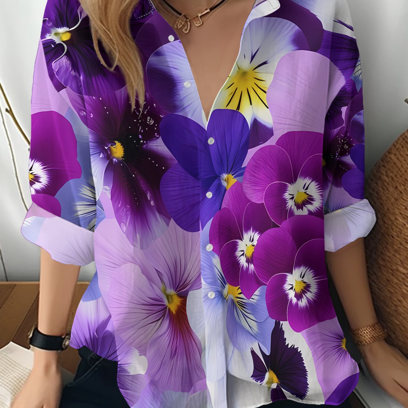 TEMU New Women's Long-sleeve Shirt: This Versatile Casual Top Features A Vibrant, Floral Pattern In Tones, With A Of Colorful And Intricately Shaped