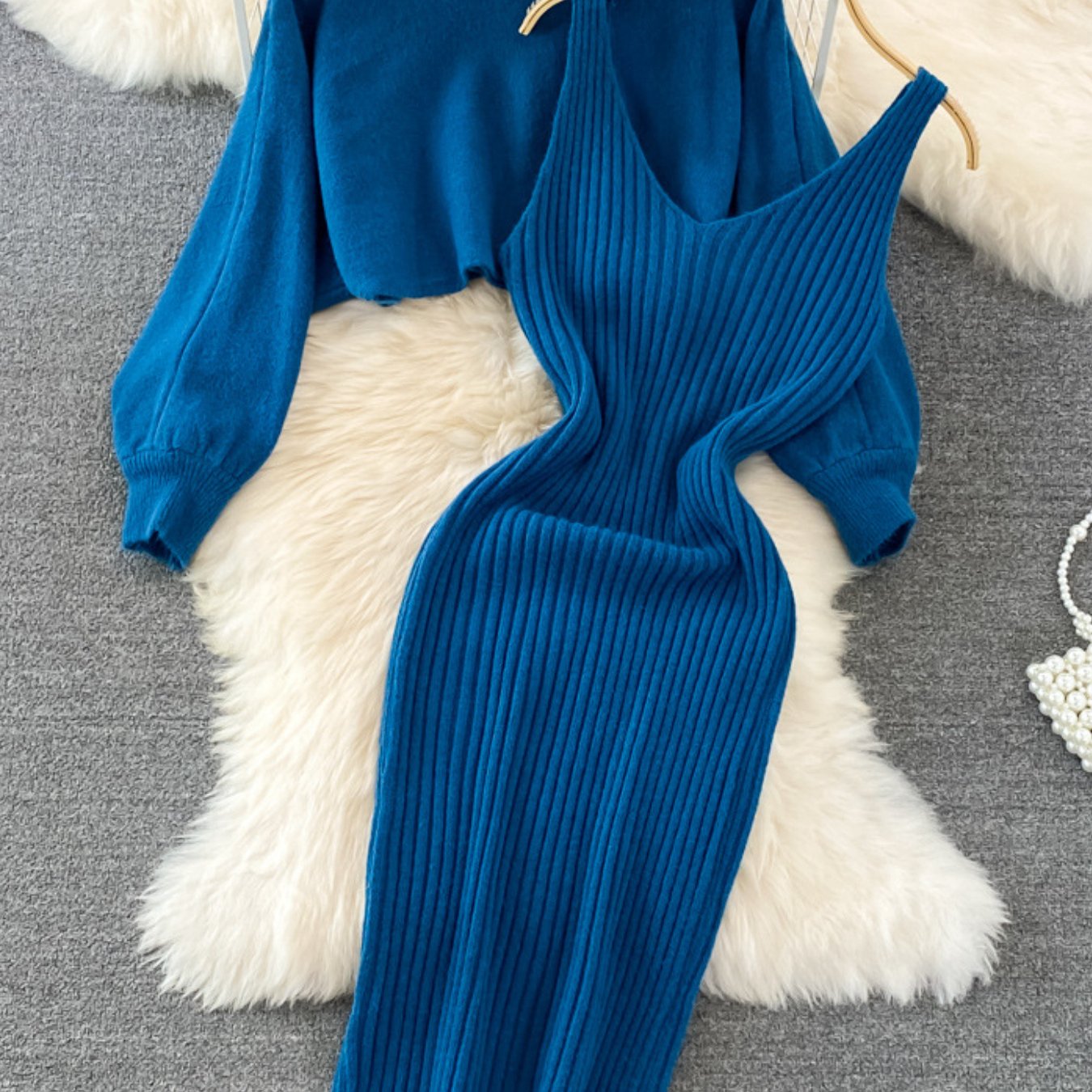 TEMU Scacto Women's Autumn Winter Dress Set| Pearl Accent Neckline& Sleeveless Bodycon| Long Sleeve Pullover With Slip Dress| Elegant Two-piece For