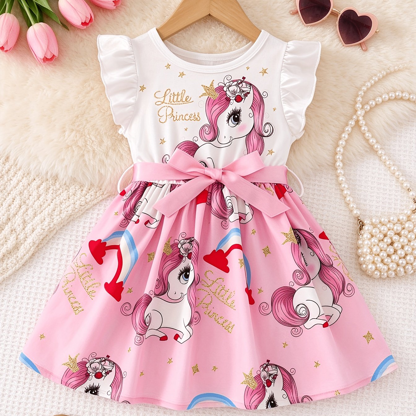 Image of Girls' Cute Unicorn Print Ruffle Sleeve Dress With Belt, Suitable For Casual Vacation Parties And Outdoor Wear. Christmas/halloween/thanksgiving/valentine's Day
