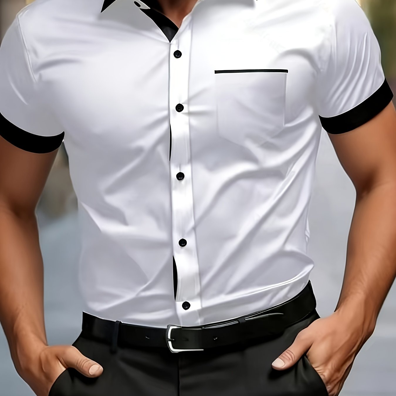 TEMU European And Contrast- Short-sleeved Shirt For Men, Smooth Slim-fit Banquet Business Top