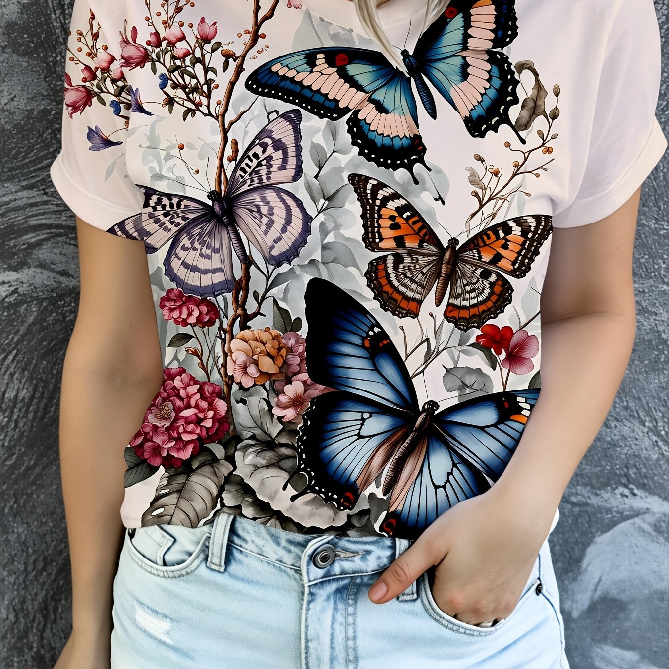 TEMU Women's Bohemian Full-body Watercolor & Floral T-shirt - Short-sleeve Crew Neck Blouse-compatible Tee Suitable For Summer, Casual Outfits, Hand