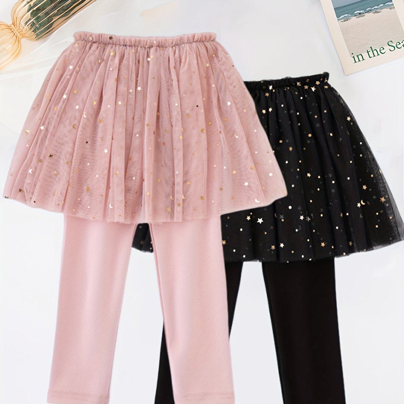 Image of Two-pack Spring/autumn Children's Romper Skirt, Gauze Skirt Leggings With Sequined Stars, Girls' Legging Skirt