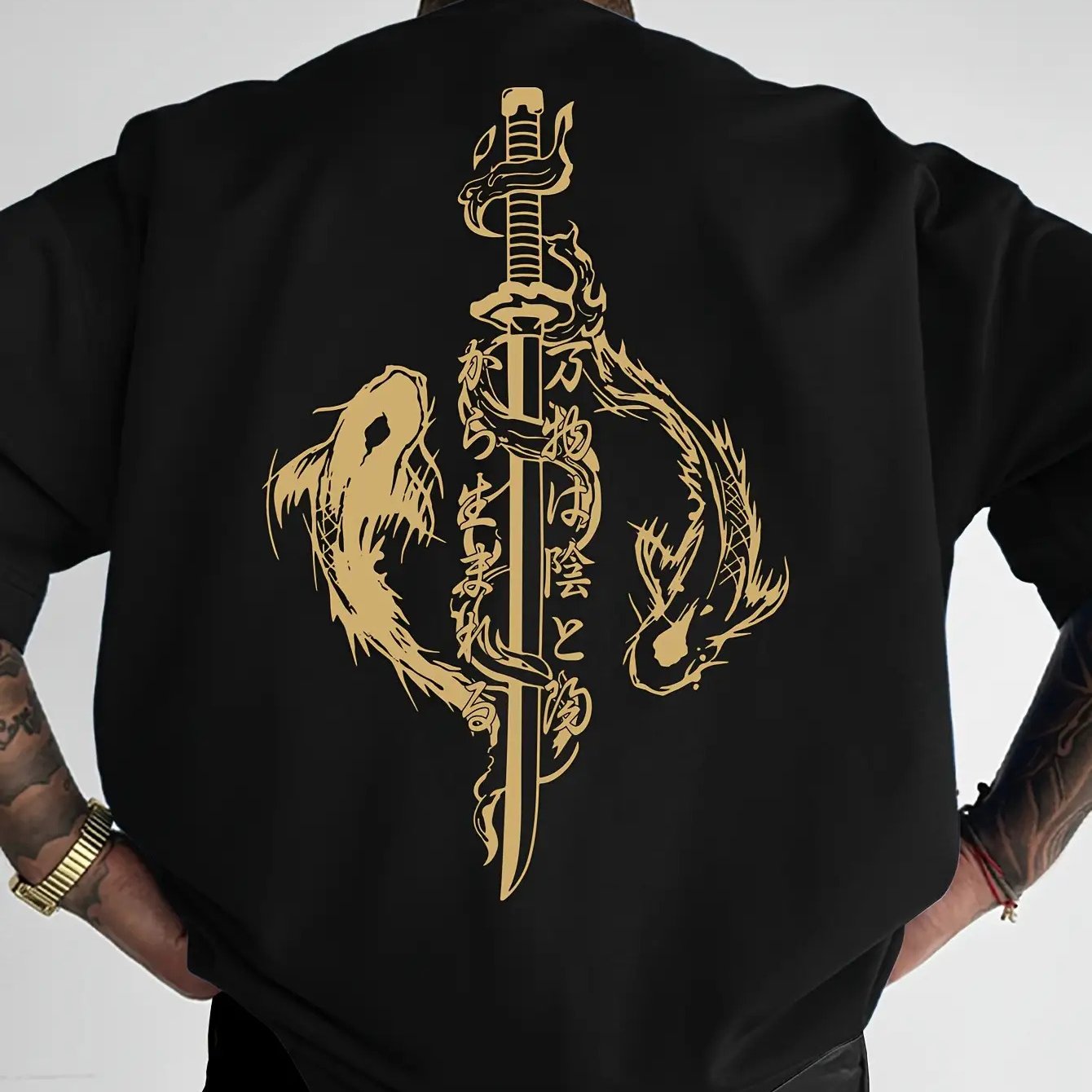 Men's Casual Graphic Tee - Relaxed Fit Round Neck Summer Shirt Featuring A Dragon And Sword Geometric Pattern, Washable Top For Adults, Street Fashion Apparel, Comfortable Wear Plus Size