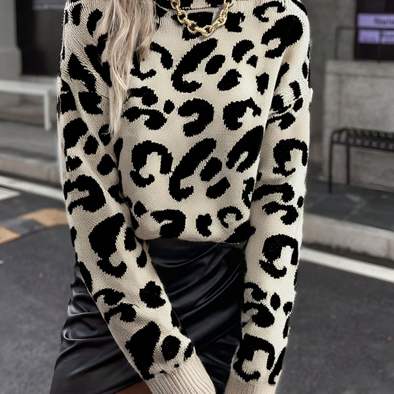Women's Fashion Leopard Print Half-turtleneck Drop-shoulder Long Sleeve Pullover Sweater For Autumn And Winter