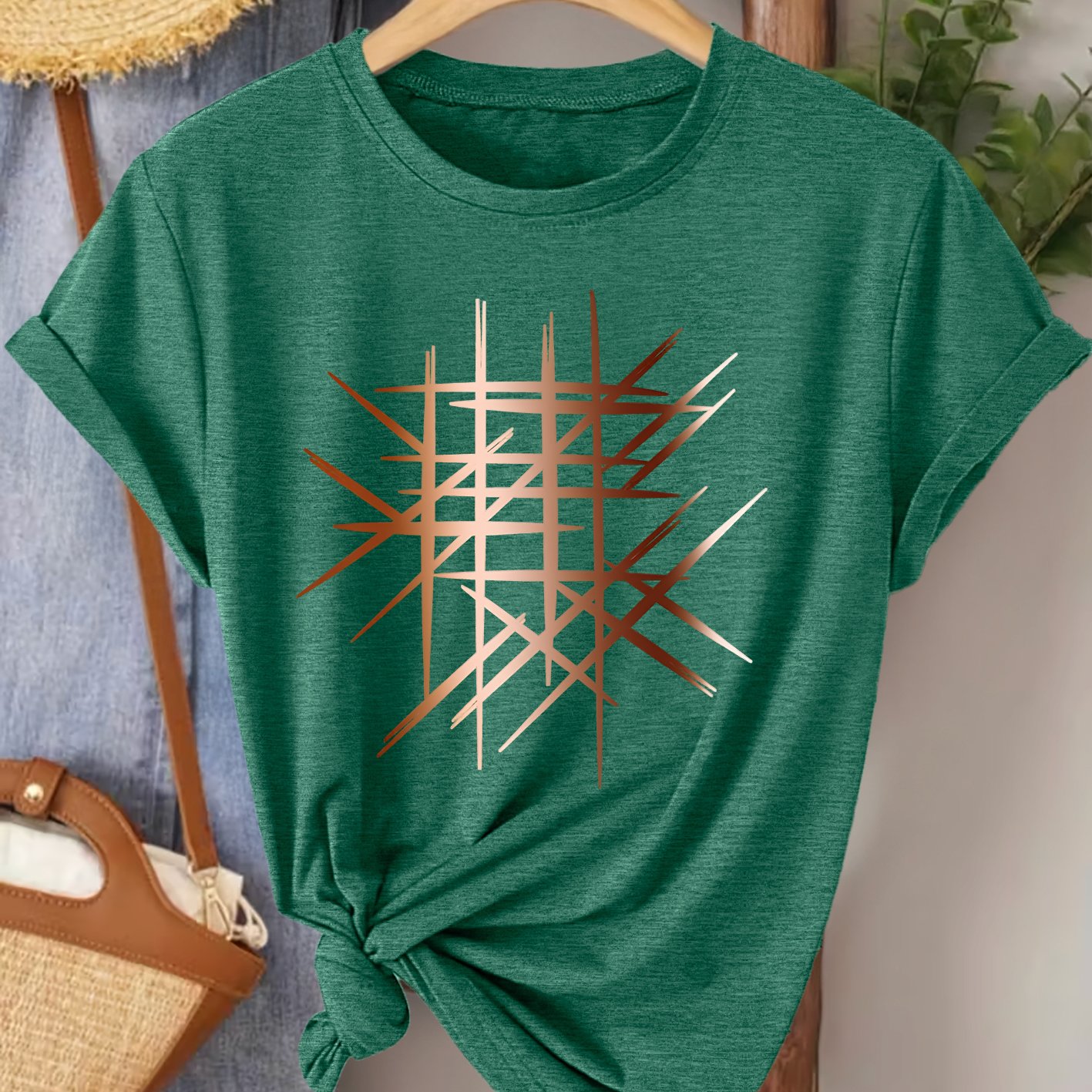TEMU Women's Summer Apparel, Bronze Geometric Round Neck Short Sleeve T-shirt, Fashionable Commuter, Vacation, Daily Versatile Plus-size Friendly