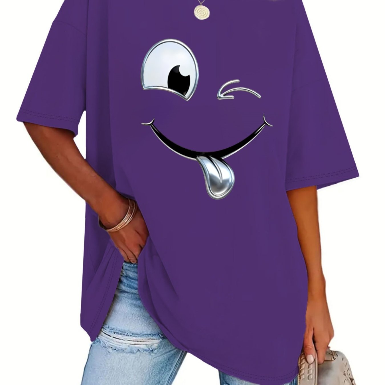 TEMU Plus Size - Spring And Summer Short Sleeve With Fun Cartoon Smiling Print, And Tongue Out Design, Oversized Women's Fashion Top T-shirt