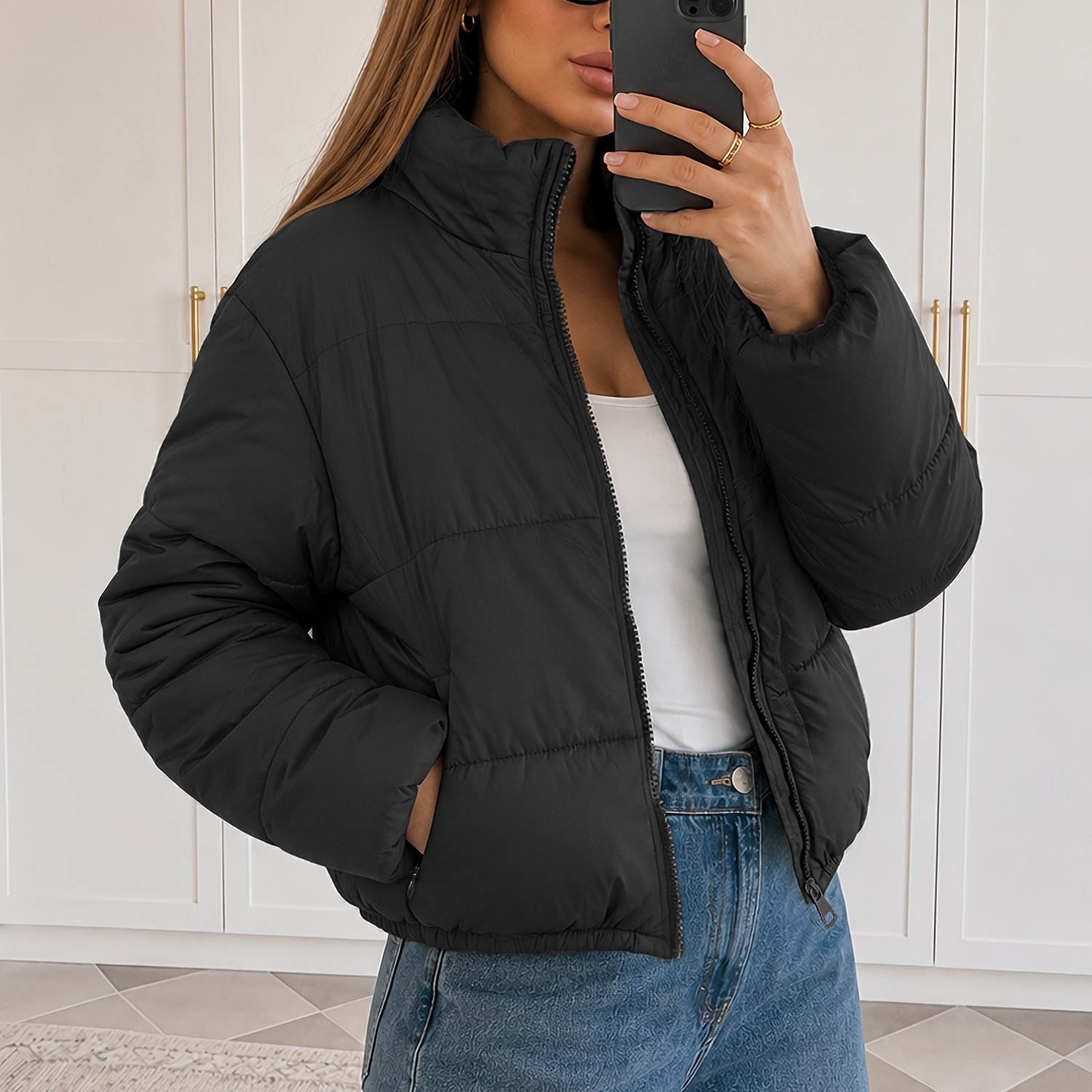 TEMU Damen Herbst Winter Mode Stehkragen Langarm Warmes Kleid Lässige Tasche Reißverschluss Jacke Outdoor Reise Perfekte Wahl im Lager