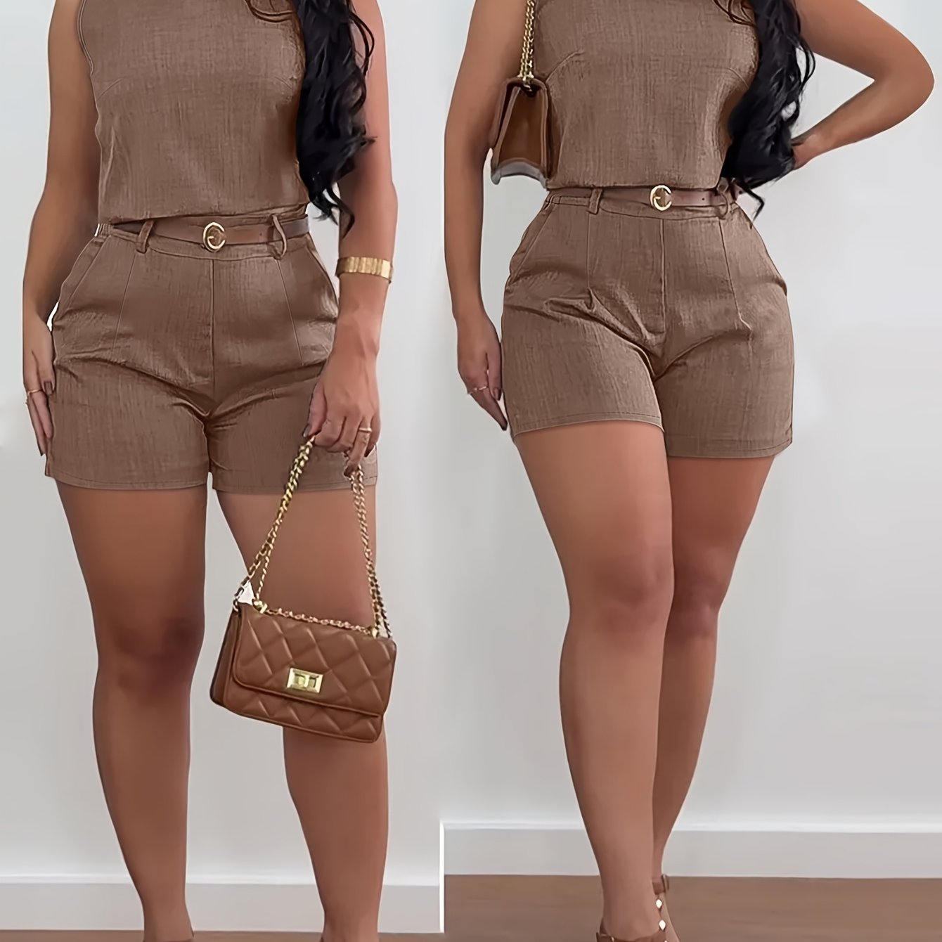 TEMU Conjunto de 2 piezas para mujer de estilo vintage casual sin , con top y shorts, sin cinturón, de color liso y elegante para a día