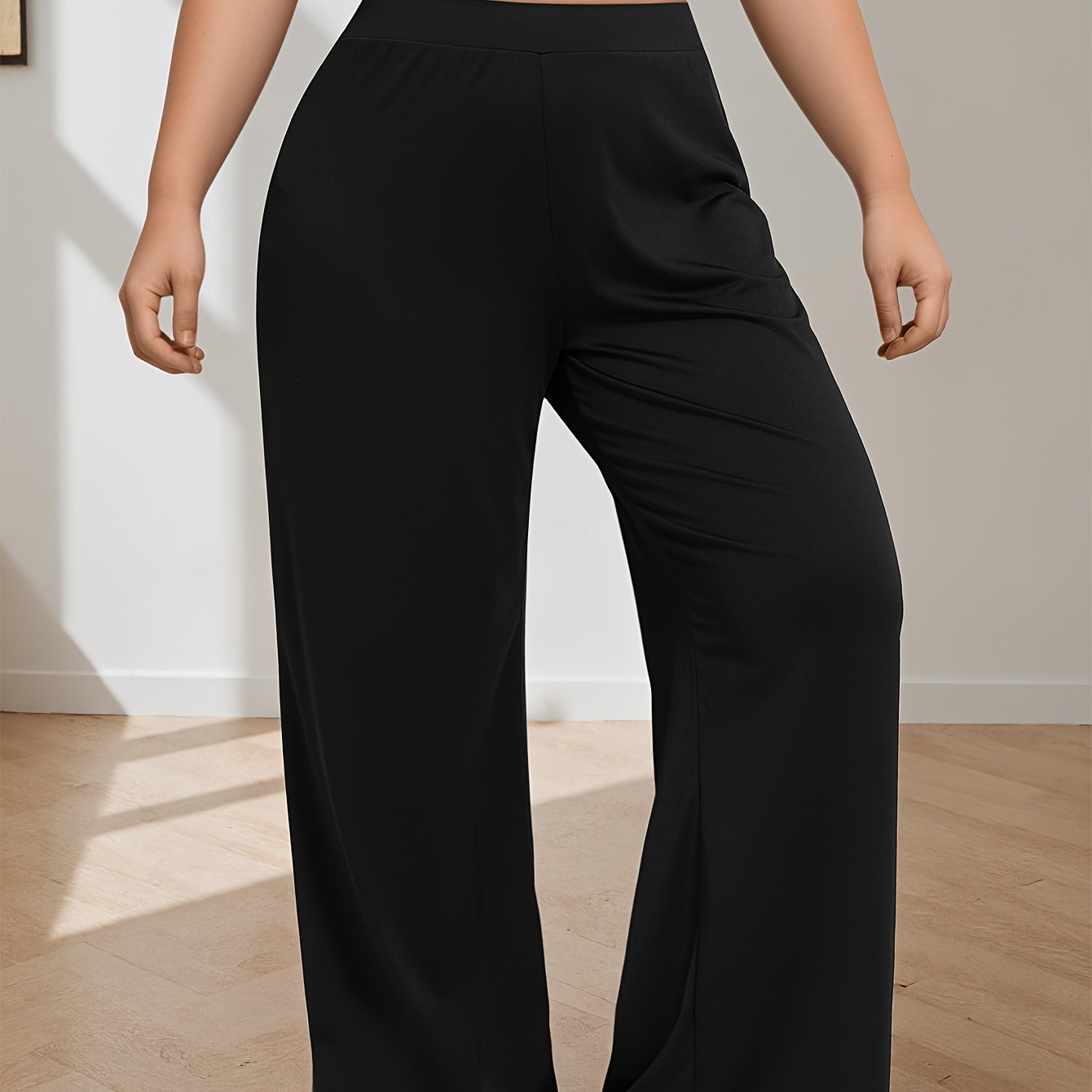 TEMU Pantalon droit pour femmes grandes tailles, élégant décontracté, coupe oreille de bois, tissu extensible noir, drapé, ceinture élastique,