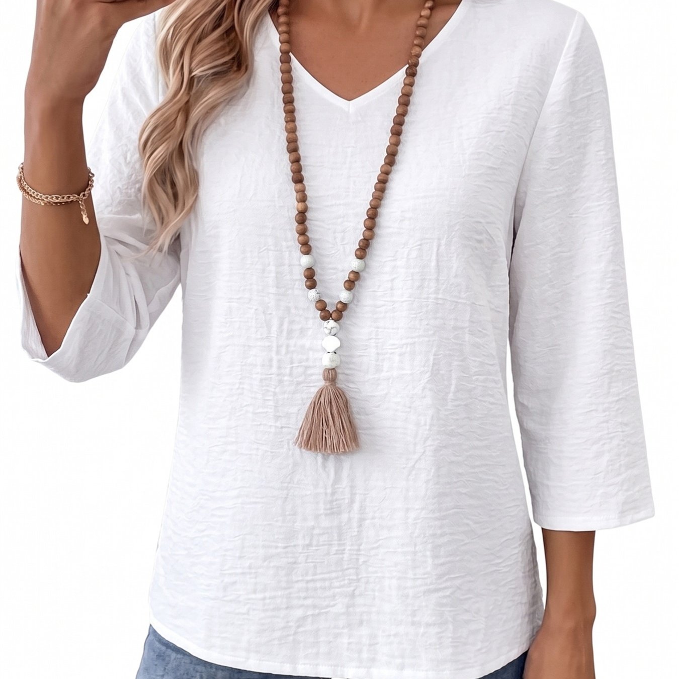 TEMU Solid Color Three-quarter Sleeve V-neck Women's Loose And Comfortable Top With Texture Fabric