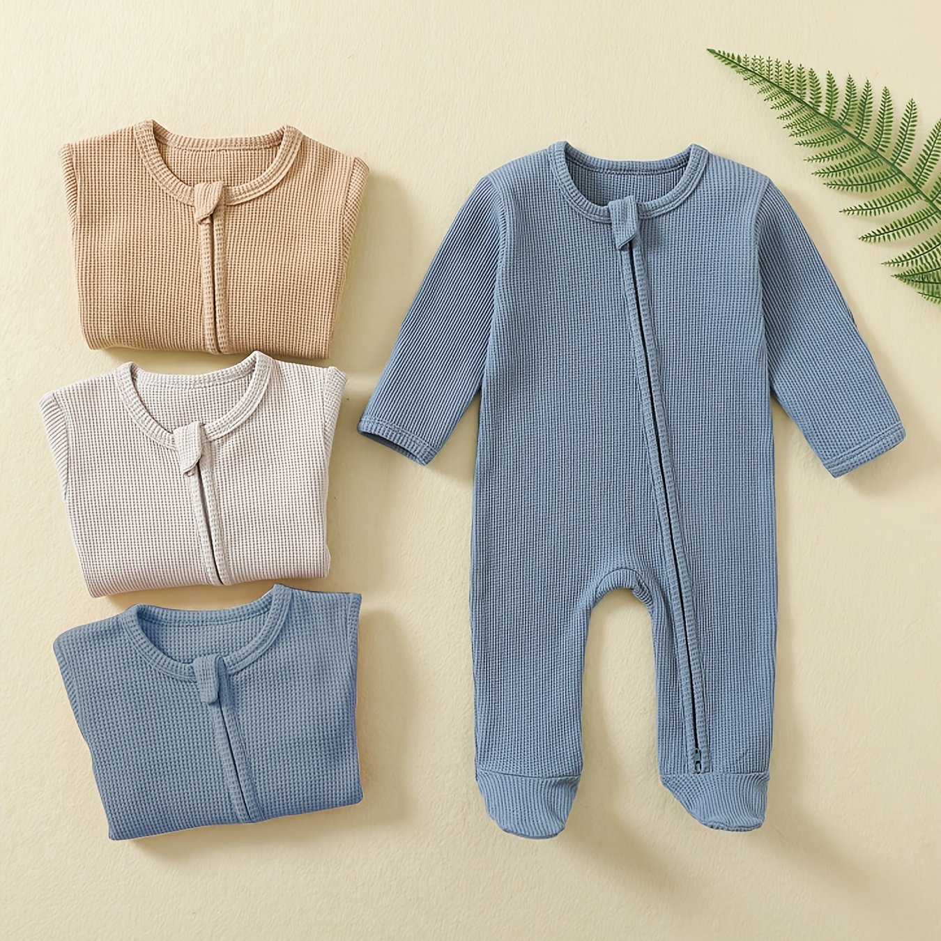 TEMU 3pcs Newborn Baby Boys Clothes 1pc Romper With Mitten Cuffs Solid Color Long Sleeve Waffle Zipper Jumpsuit Outfit Clothes, For Outdoor