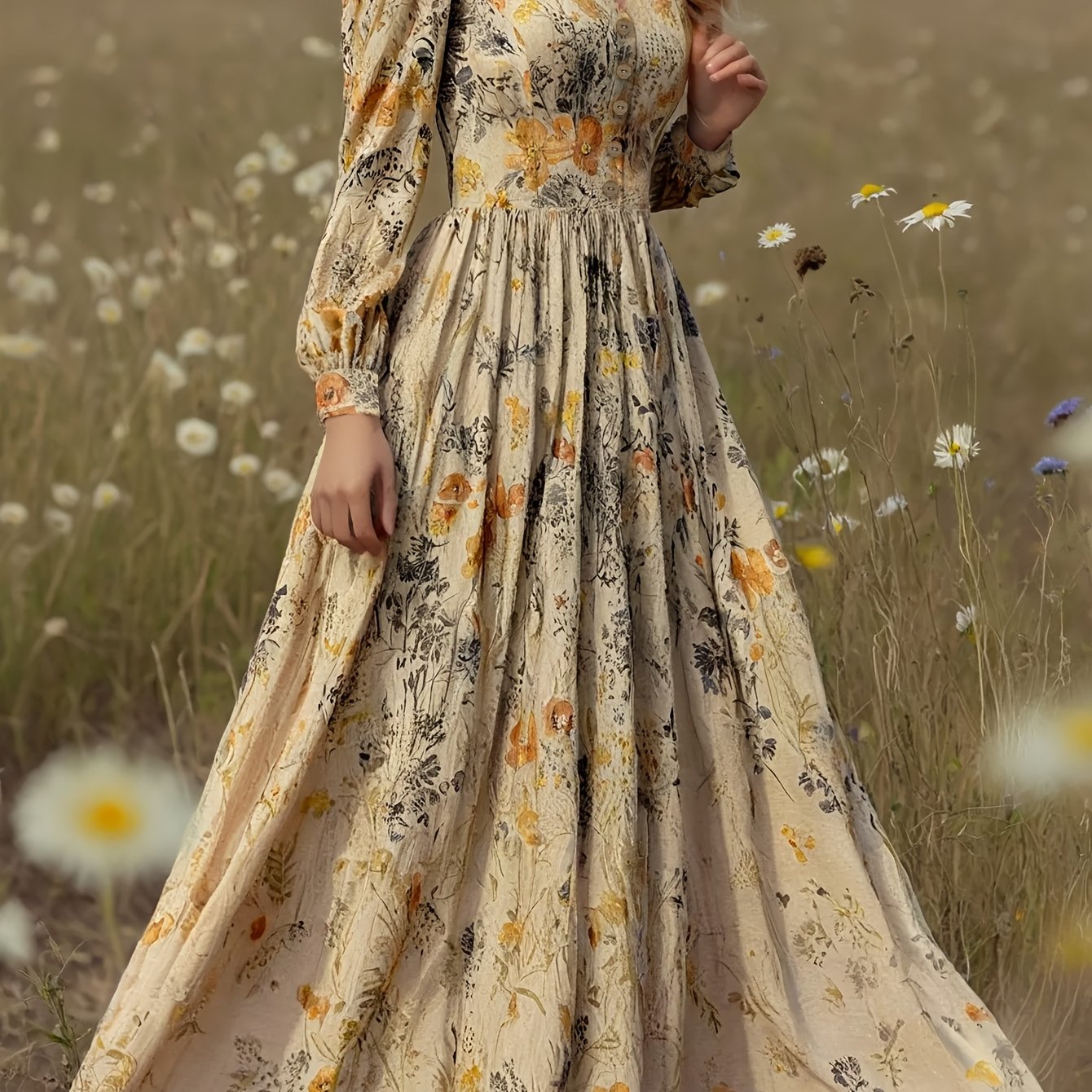 TEMU Spring Summer Autumn Painting Print Vintage Button V-neck Back Drawstring Long Sleeve Fabric Ruched Detail A-line Women's Long Dress Yt