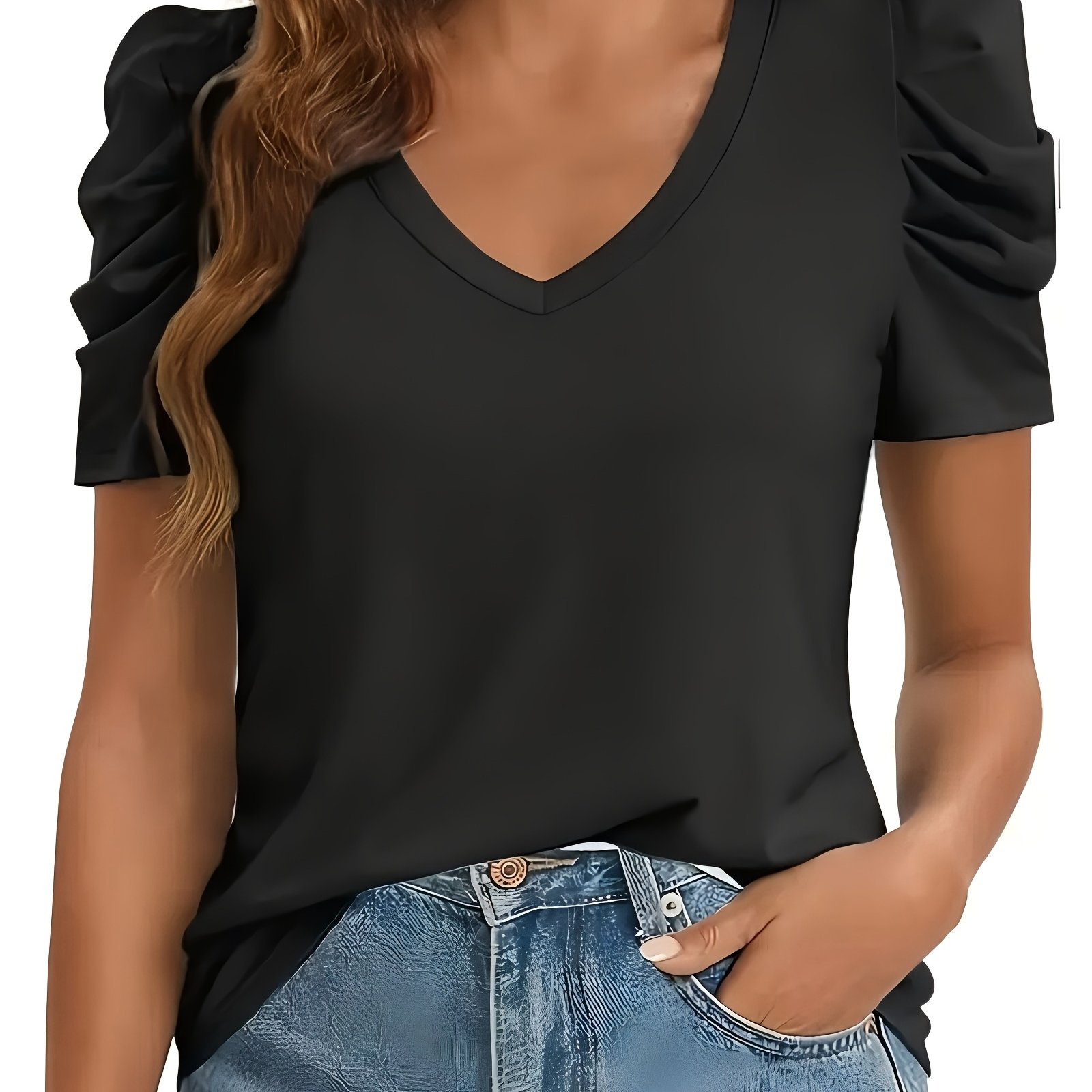 E-shop Damenmode Elegante, lässige, plissierte Laternenärmel, V-Ausschnitt Top