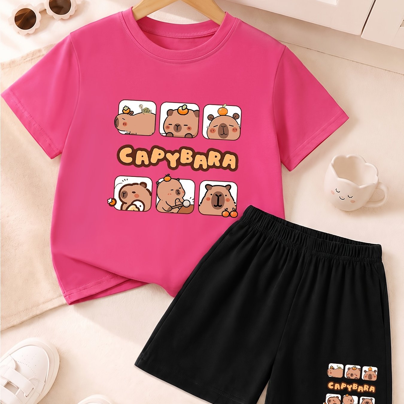Image of Girls' New T-shirt Shorts Set, Capybara Print, Fashionable And Comfortable For Spring And Summer, Versatile For Outdoor Sports., Perfect For Outdoor