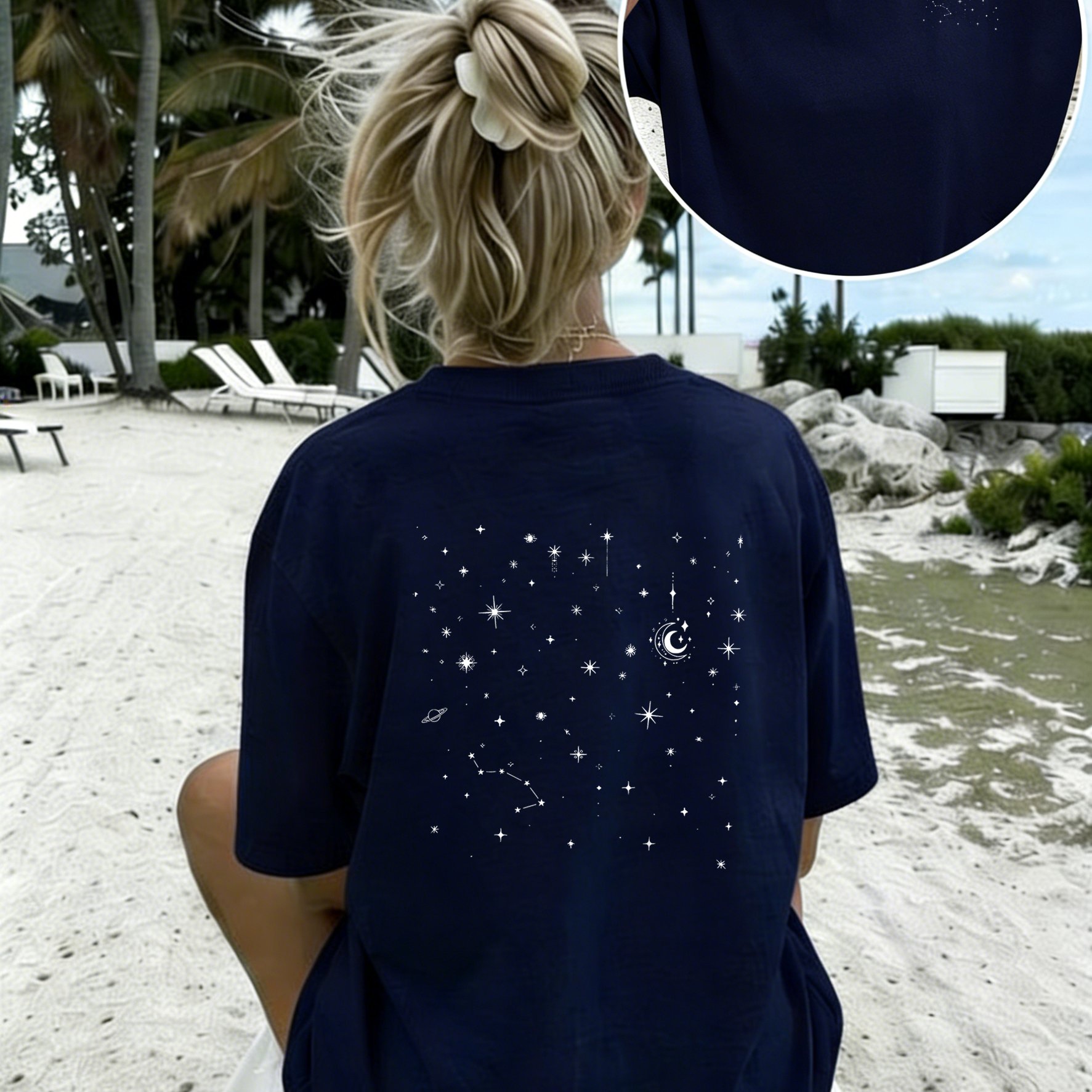 TEMU Women'-sided Print Crew Neck T-shirt, And Constellation Graphic Tee, Casual Short Sleeve Top With Minimalist Night , Relaxed Fit For Astronomy