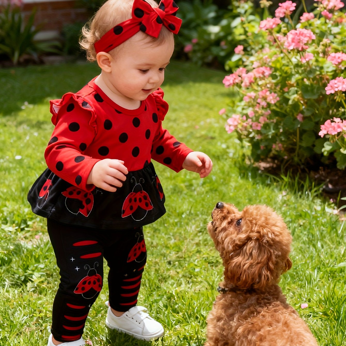 TEMU 3pcs Baby Girl Autumn Neck Small Fly Sleeve Dot Ladybug Positioning Printed Long Sleeved Pullover Skirt Shirt&elastic Comfortable Pants&headband Set Outdoor Clothing, Perfect For Outdoor