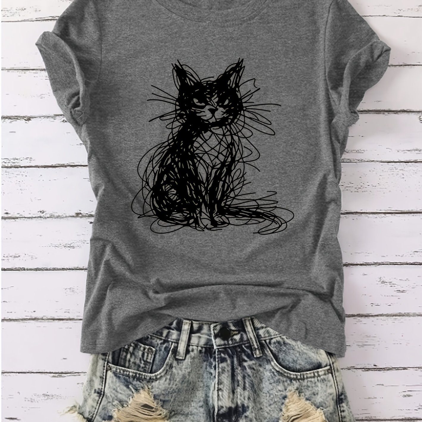 TEMU Women's Vintage Style Short-sleeve T-shirt With A Line-drawing Cat Print, Made From Breathable And Comfortable Machine-washable Fabric. Perfect