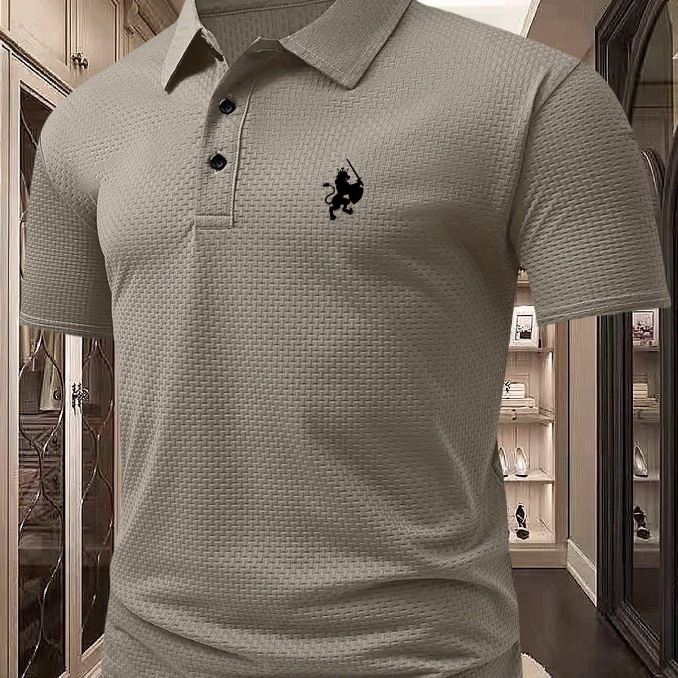 TEMU Fs1166 Style Lion Knight Print Men's J-texture Jacquard Shirt, Casual Short Sleeve Collar, Summer Fashion Casual Breathable Embossed Top, Gift