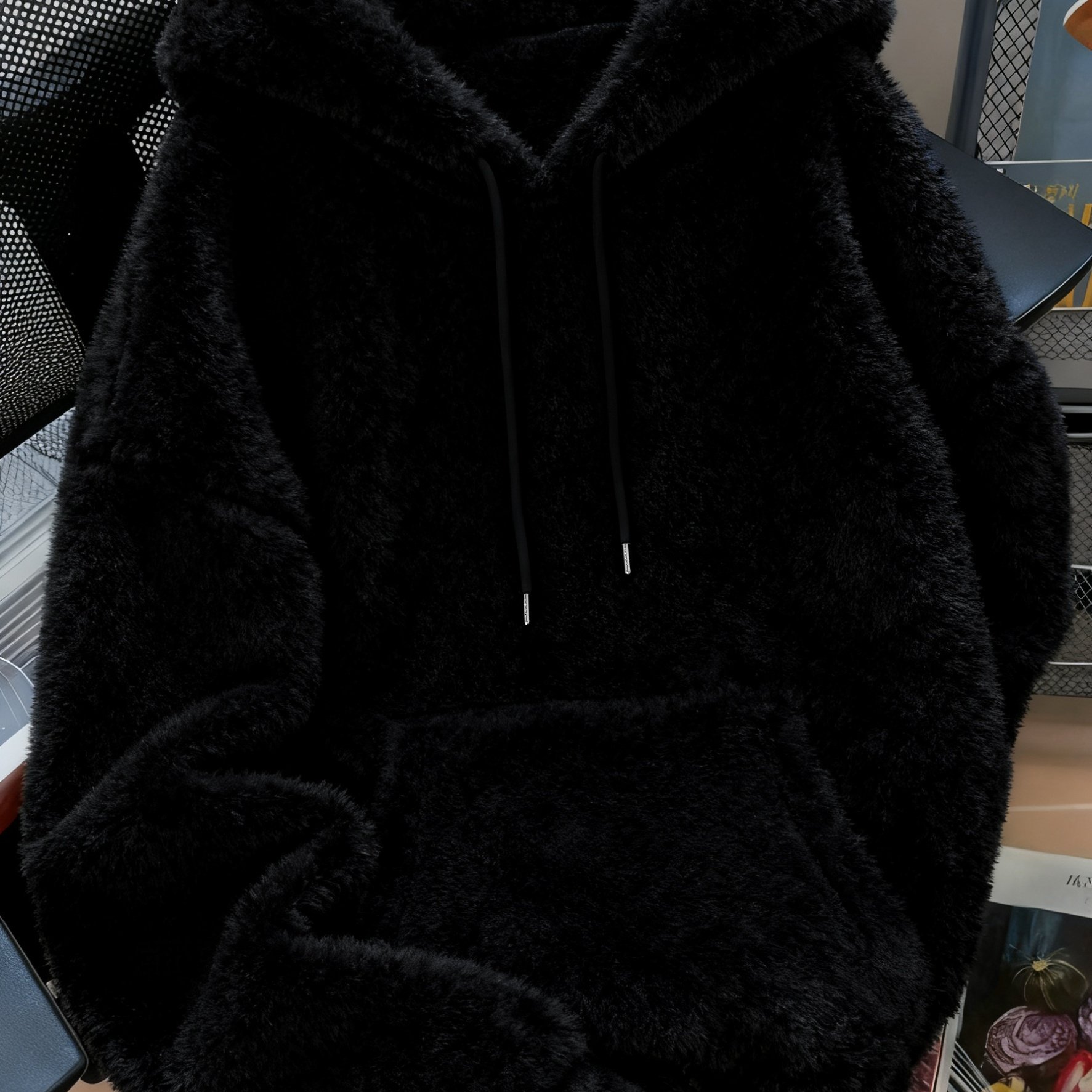 Kangaroo Pocket Plush Hoodie, Casual Loose Long Sleeve Drawstring Hooded Sweater, Women's Clothing